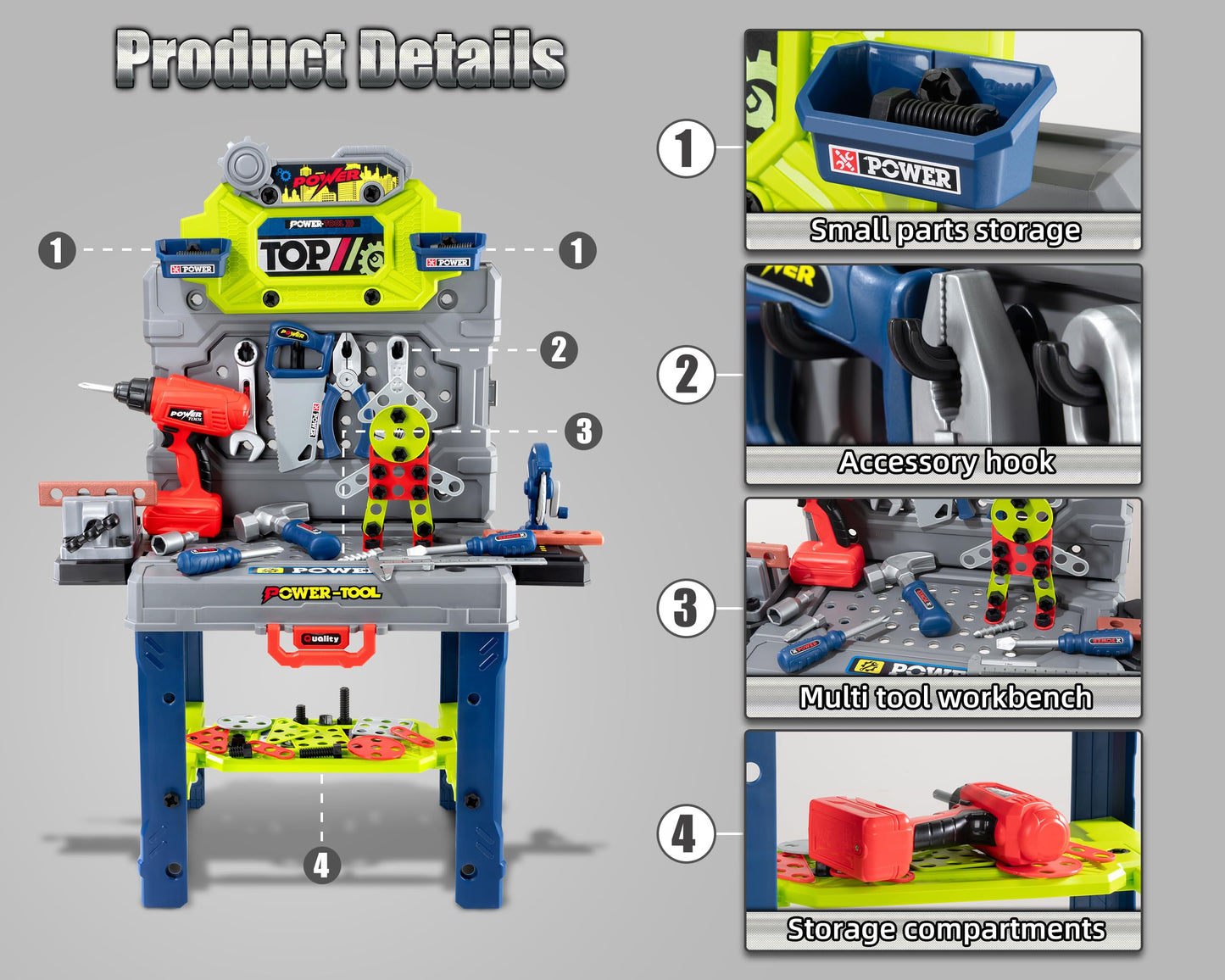 POFJOEQ Kids Tool Kit - 32-Inch Folding Workbench with 203+ STEM Tools & Electric Drill Toy