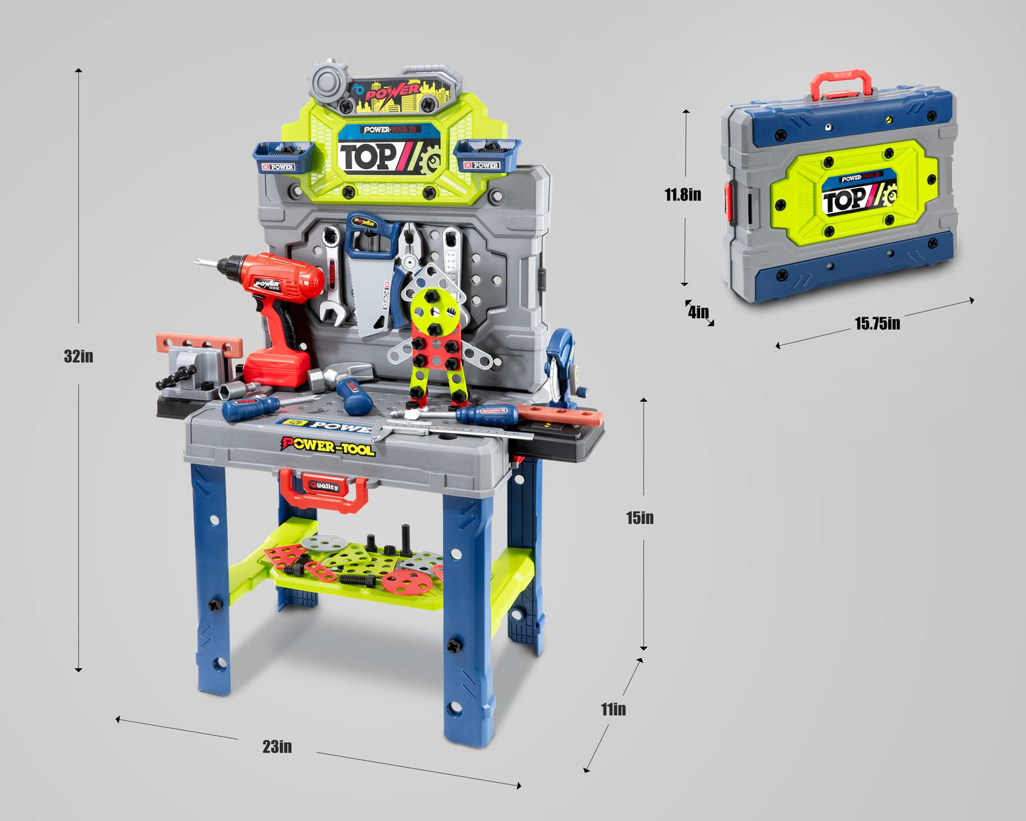 POFJOEQ Kids Tool Kit - 32-Inch Folding Workbench with 203+ STEM Tools & Electric Drill Toy