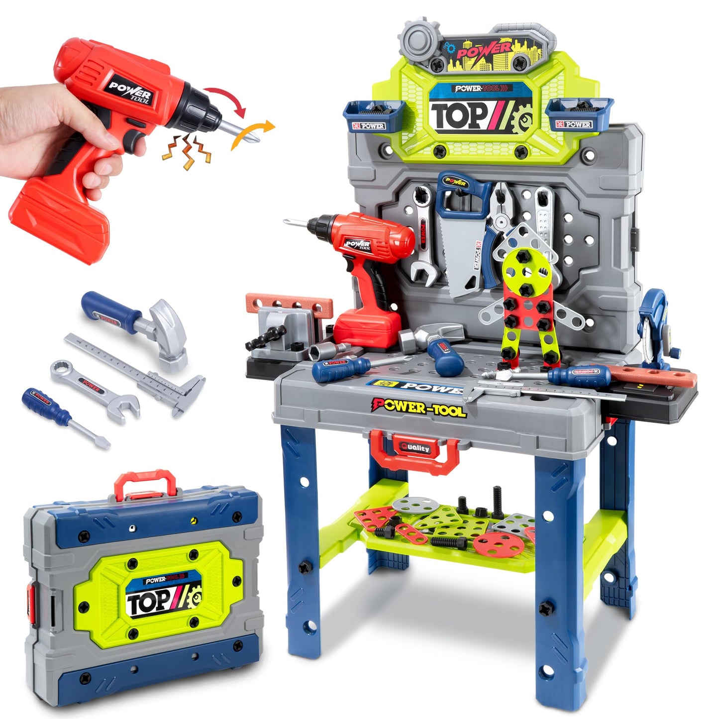 POFJOEQ Kids Tool Kit - 32-Inch Folding Workbench with 203+ STEM Tools & Electric Drill Toy