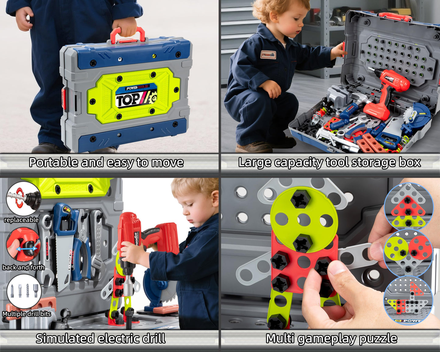 POFJOEQ Kids Tool Kit - 32-Inch Folding Workbench with 203+ STEM Tools & Electric Drill Toy