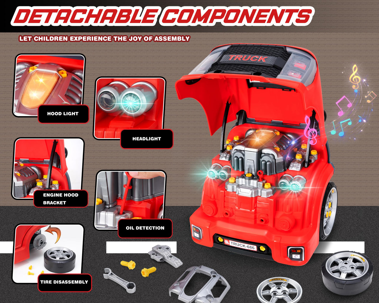 POFJOEQ Interactive Truck Engine Toy with Removable Parts – Lights, Sounds & Realistic Mechanic Play for Toddlers 3-5 (Red)