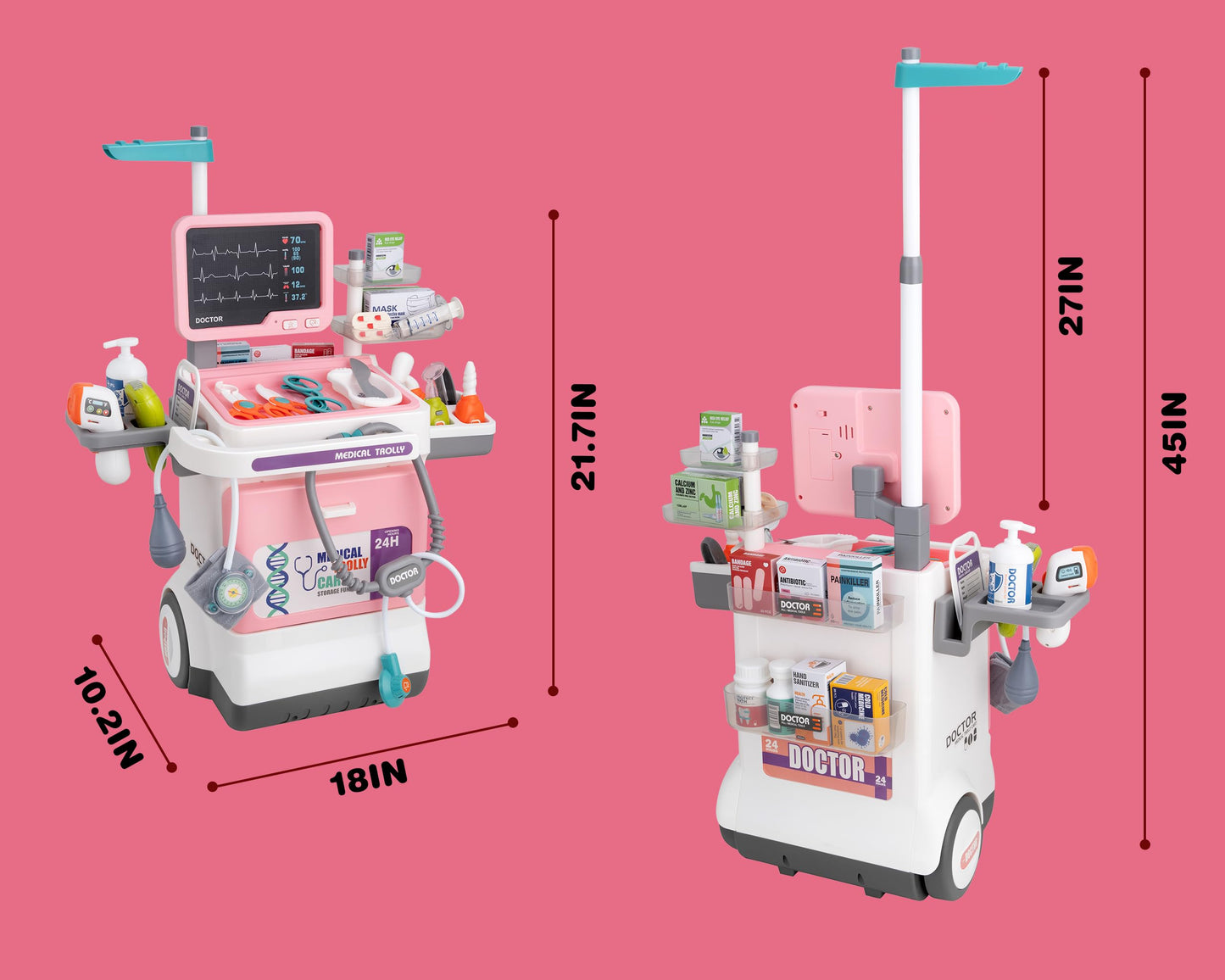 POFJOEQ Doctor Kit for Toddlers – Deluxe Pretend Play Medical Cart (Pink)