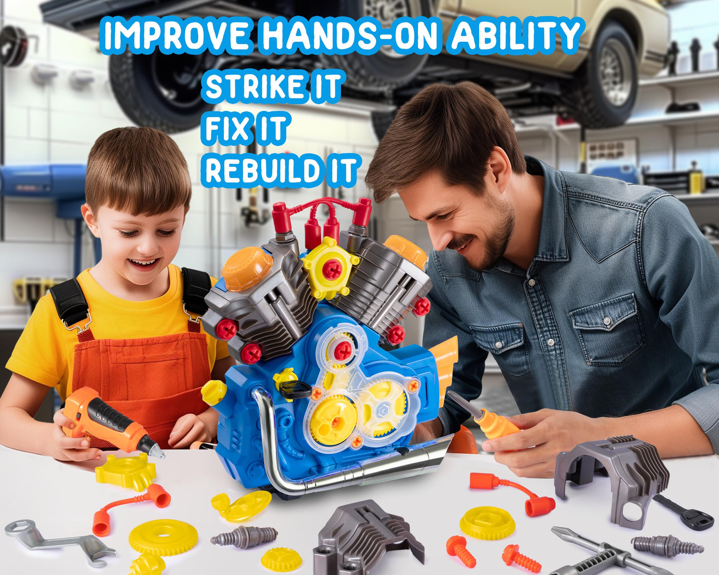 POFJOEQ Engine Building Kit – 42-Piece Kids Mechanic Playset with Lights & Sounds