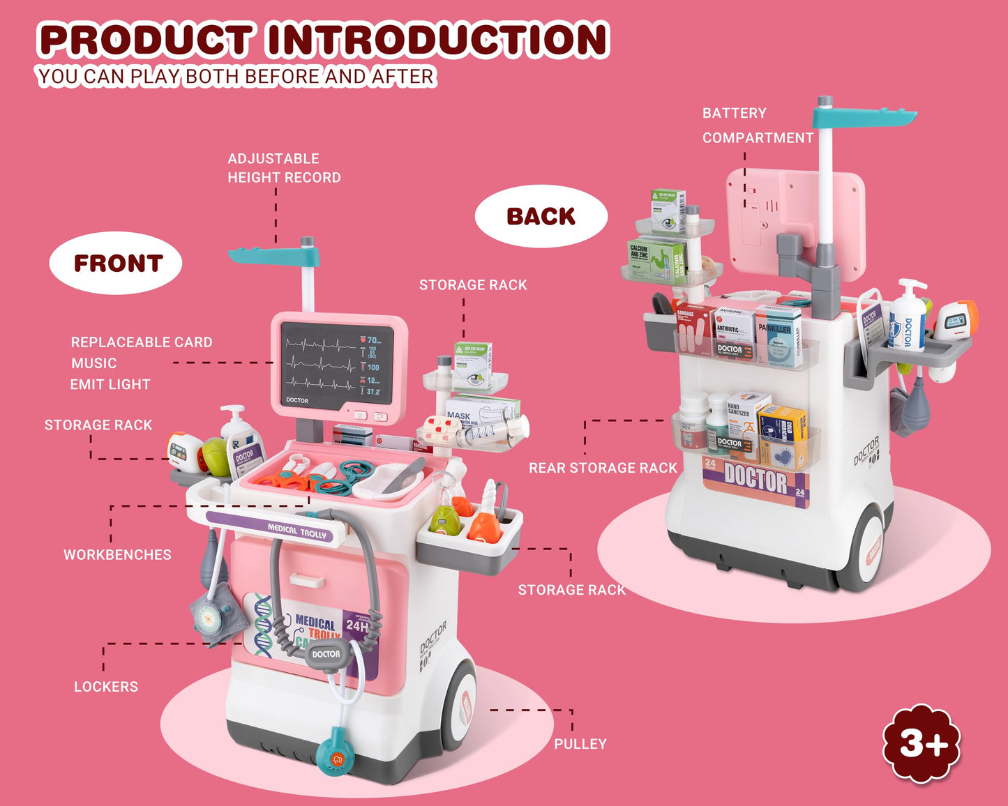 POFJOEQ Doctor Kit for Toddlers – Deluxe Pretend Play Medical Cart (Pink)