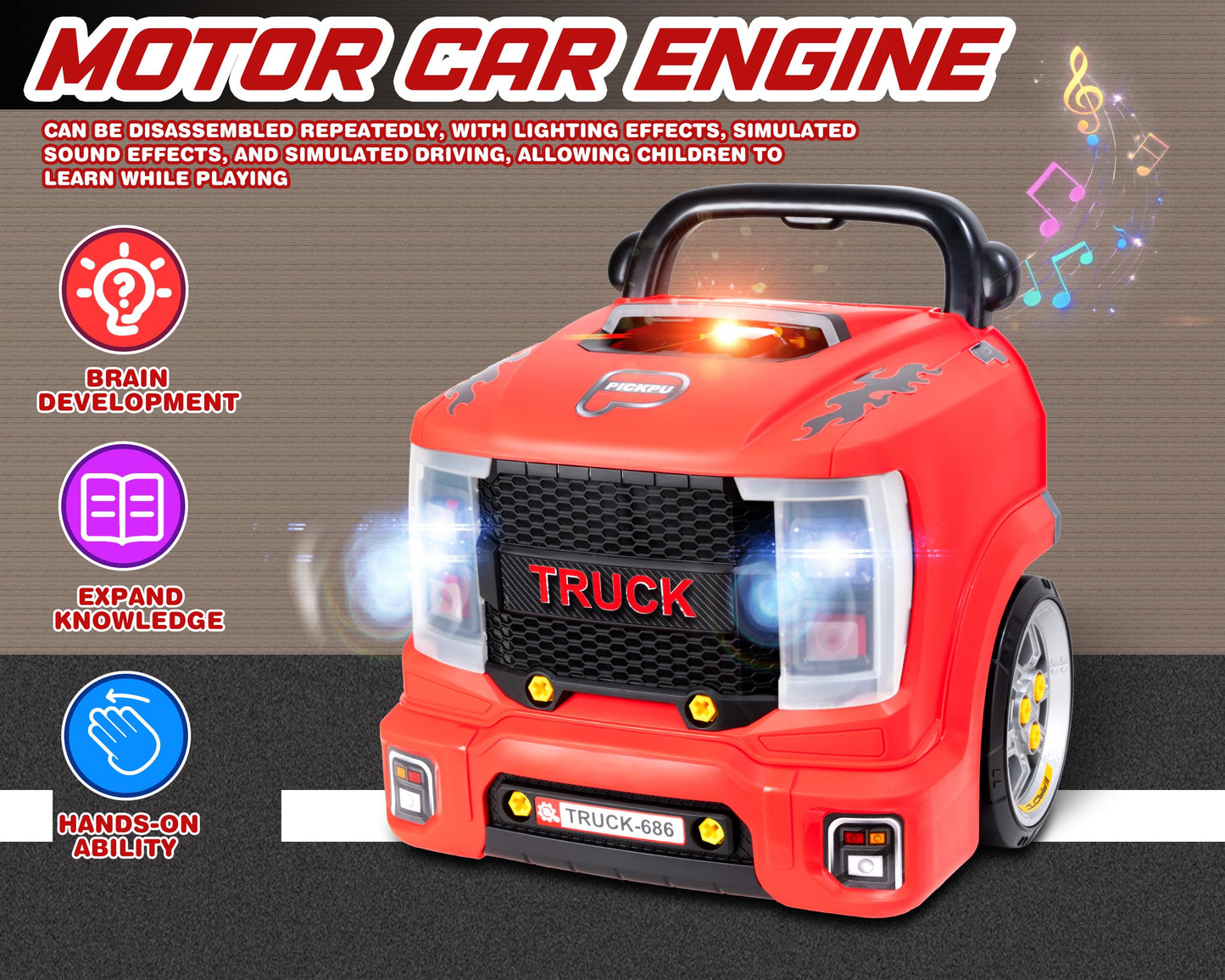 POFJOEQ Interactive Truck Engine Toy with Removable Parts – Lights, Sounds & Realistic Mechanic Play for Toddlers 3-5 (Red)