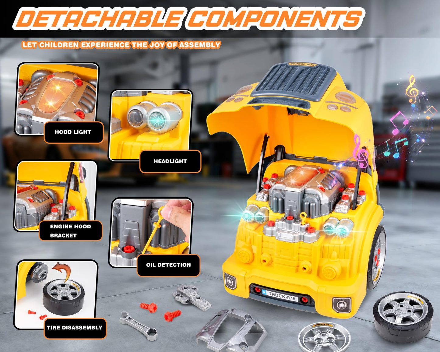 POFJOEQ Interactive Truck Engine Toy with Removable Parts — Lights, Sounds, and Realistic Repair for Young Mechanics