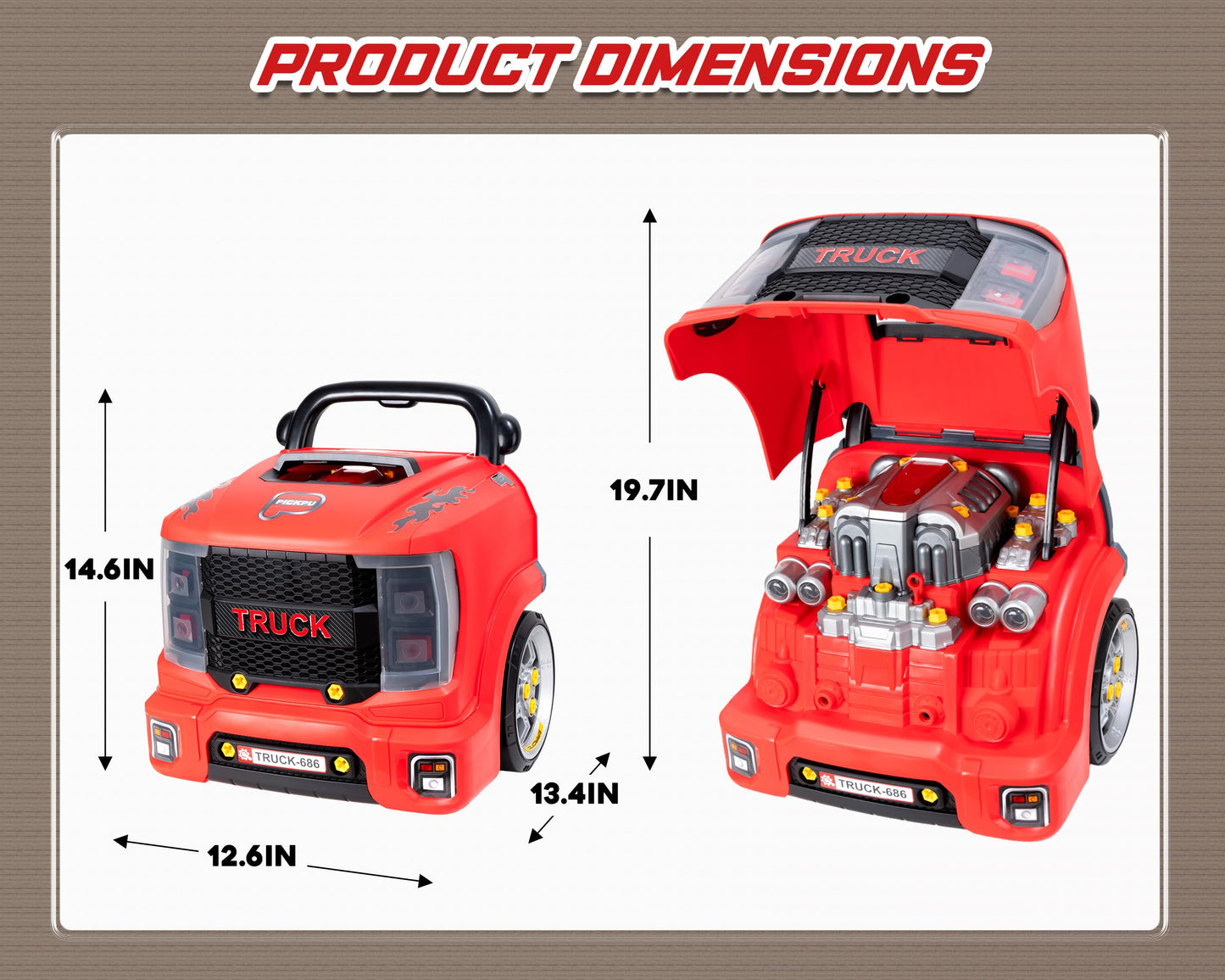 POFJOEQ Interactive Truck Engine Toy with Removable Parts – Lights, Sounds & Realistic Mechanic Play for Toddlers 3-5 (Red)