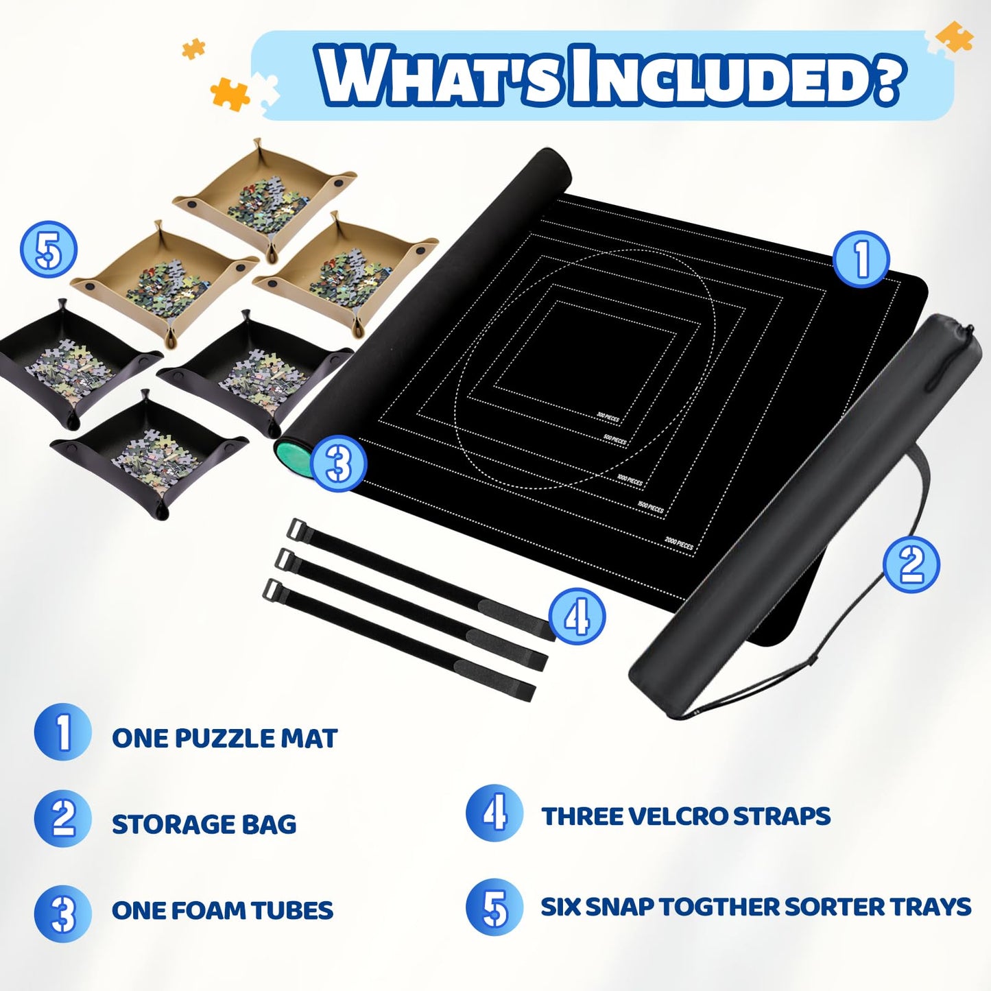 Pohxev Jigsaw Puzzle Mat Roll Up — Portable 53.2 x 35 inches, Up to 3000 Pieces, 6 Trays, Non-Slip Bottom, Storage Bag