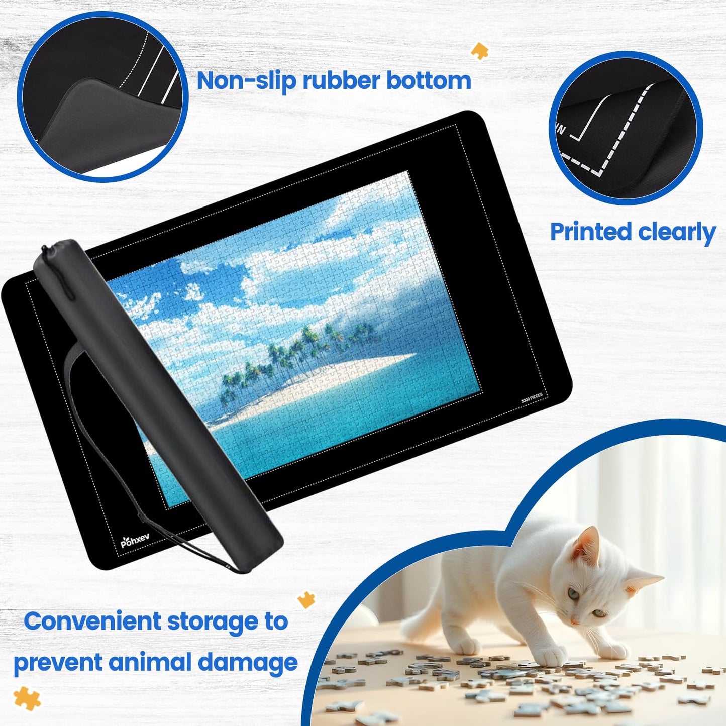 Pohxev Jigsaw Puzzle Mat Roll Up — Portable 53.2 x 35 inches, Up to 3000 Pieces, 6 Trays, Non-Slip Bottom, Storage Bag