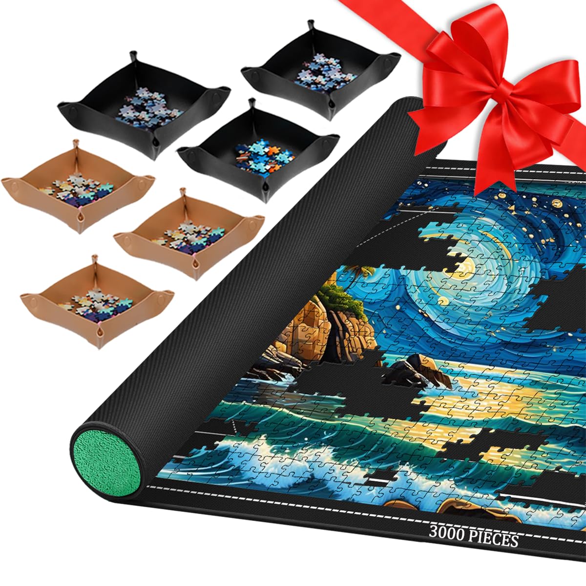 Pohxev Jigsaw Puzzle Mat Roll Up — Portable 53.2 x 35 inches, Up to 3000 Pieces, 6 Trays, Non-Slip Bottom, Storage Bag