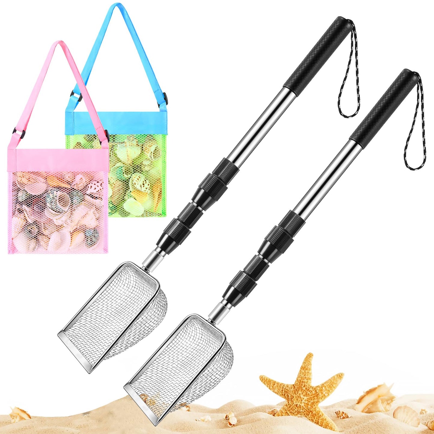 POILKMNI New Upgraded 2-Piece Shark Tooth Sifter with Seashell Bags – Beach Sand Sifter & Shell Scoop