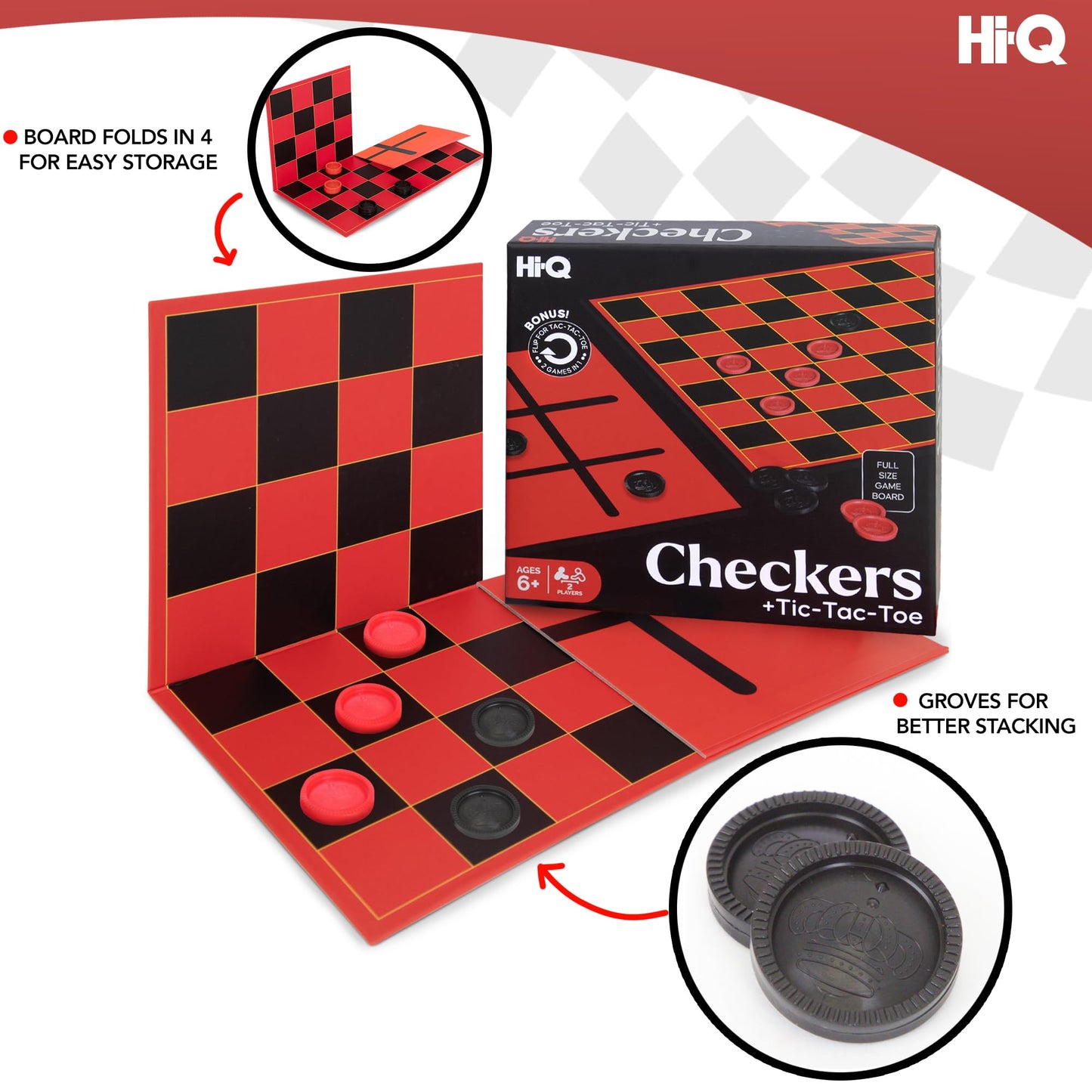 Point Games HI-Q Checkers & Tic-Tac-Toe Board Game Set | Interlocking Pieces & Folding Board