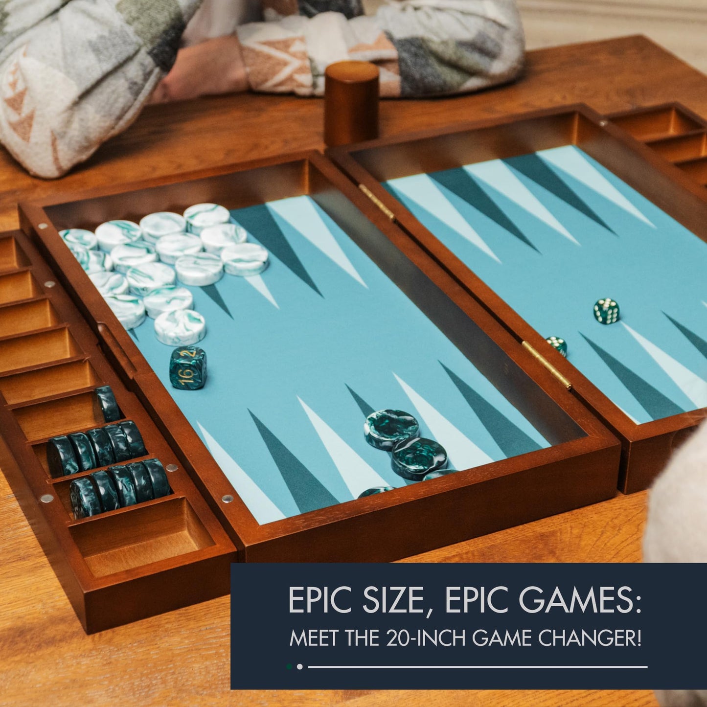 Pointworks 20-Inch Large Backgammon Set for Adults | Green Solid Wood Board with Nesting Tray