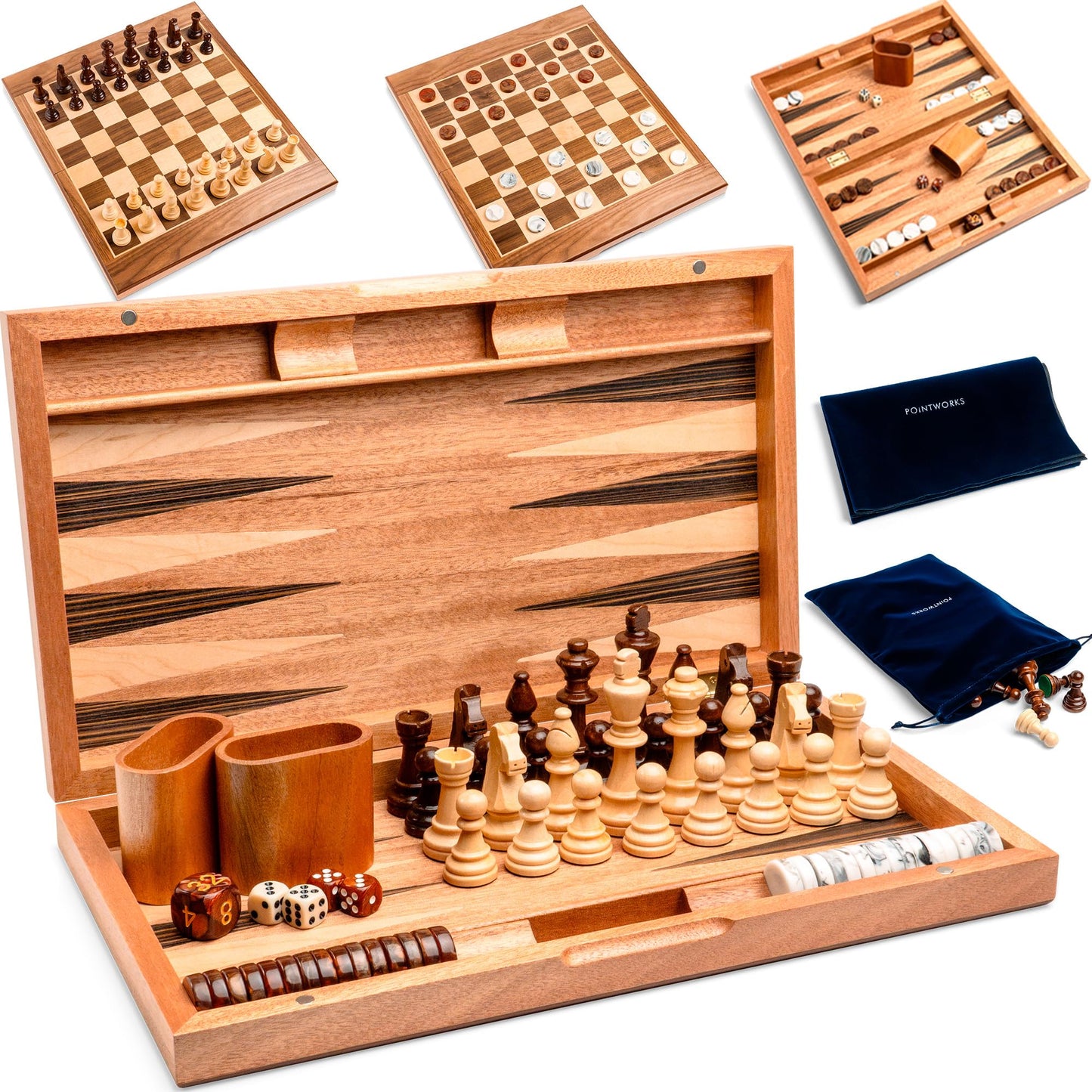 Pointworks 17 Inch Chess Checkers Backgammon Set – Portable Folding Two-Sided Board with Maple Walnut Inlay
