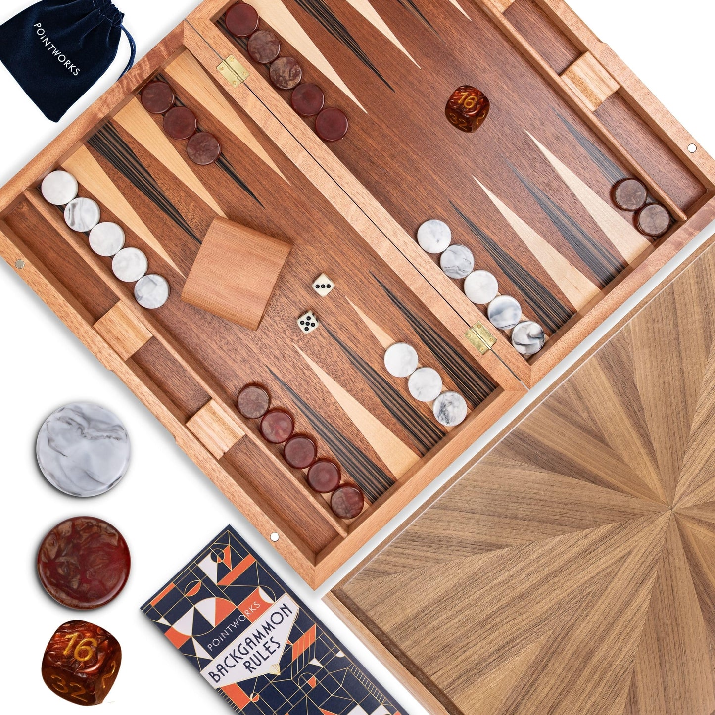 Pointworks 17 Inch Backgammon Set – Handcrafted Sapele Wood Inlay for 2 Players, Travel Ready