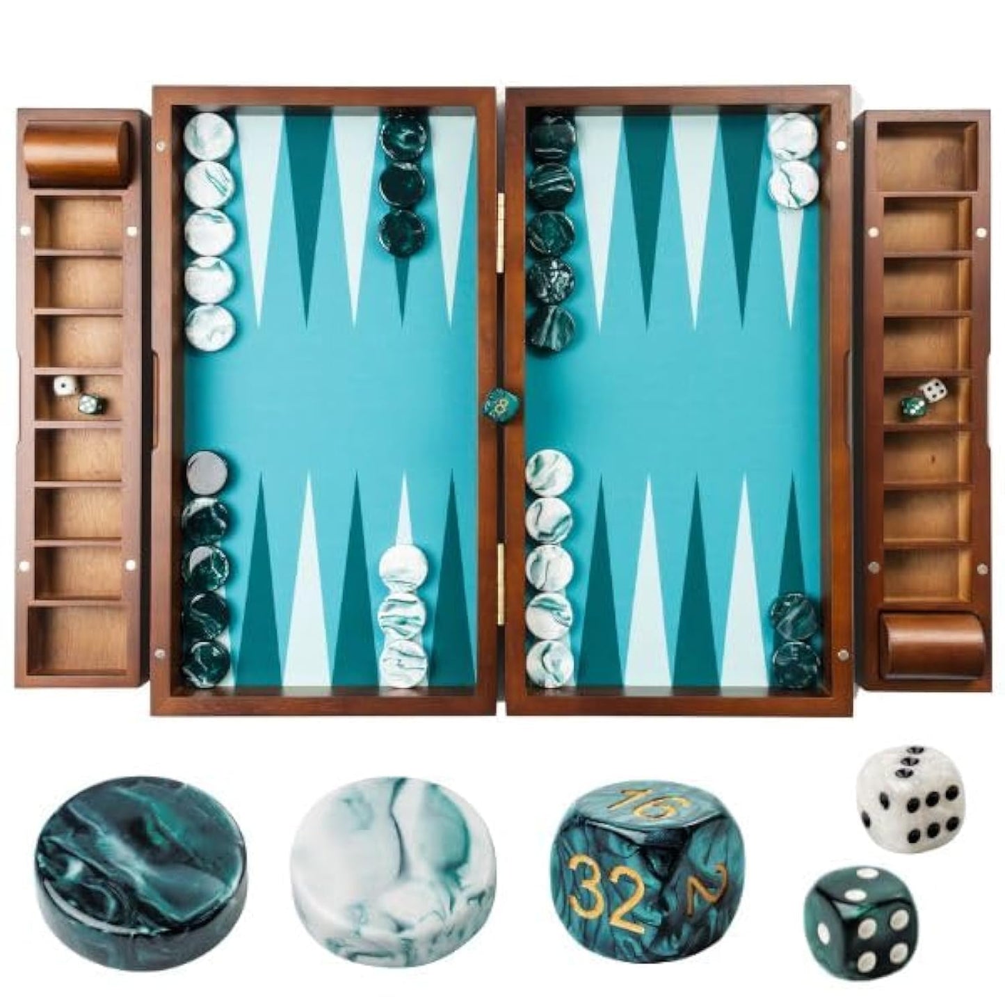 Pointworks 20-Inch Large Backgammon Set for Adults | Green Solid Wood Board with Nesting Tray