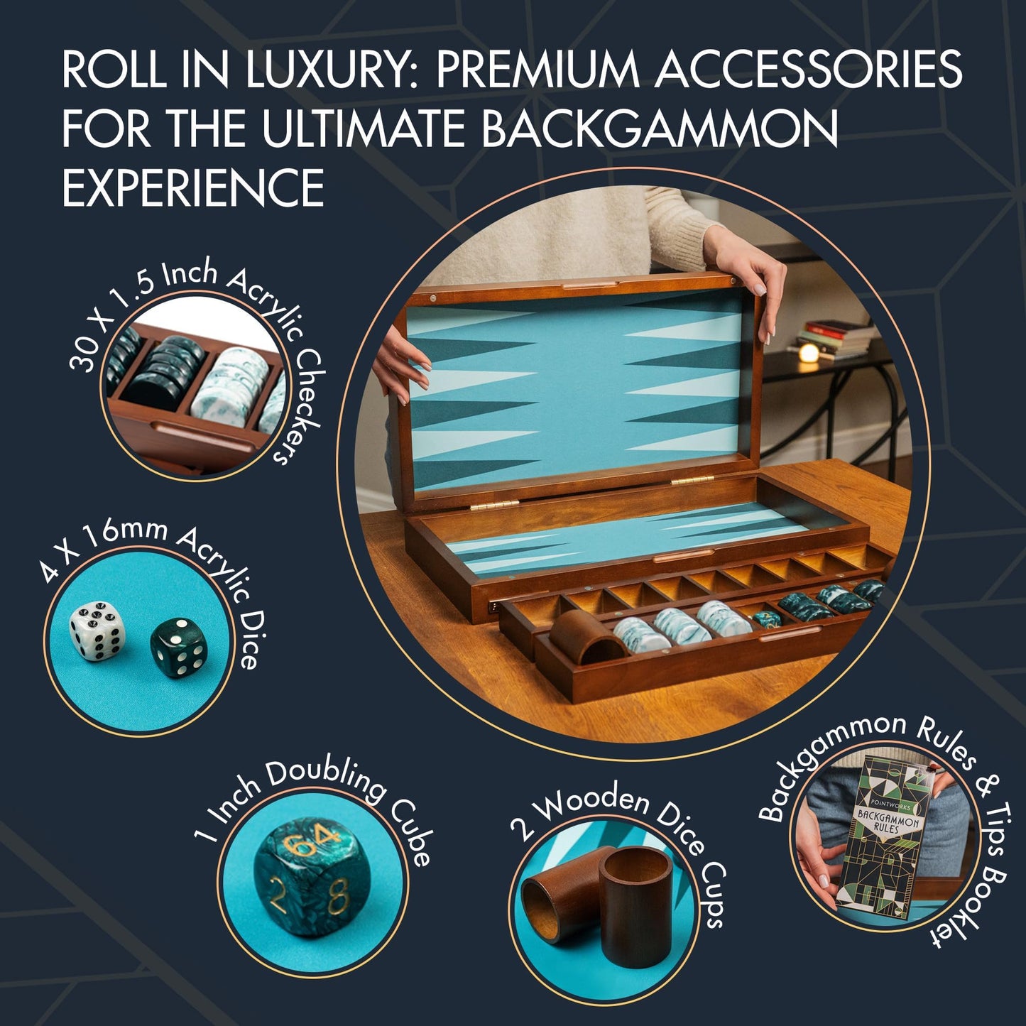 Pointworks 20-Inch Large Backgammon Set for Adults | Green Solid Wood Board with Nesting Tray