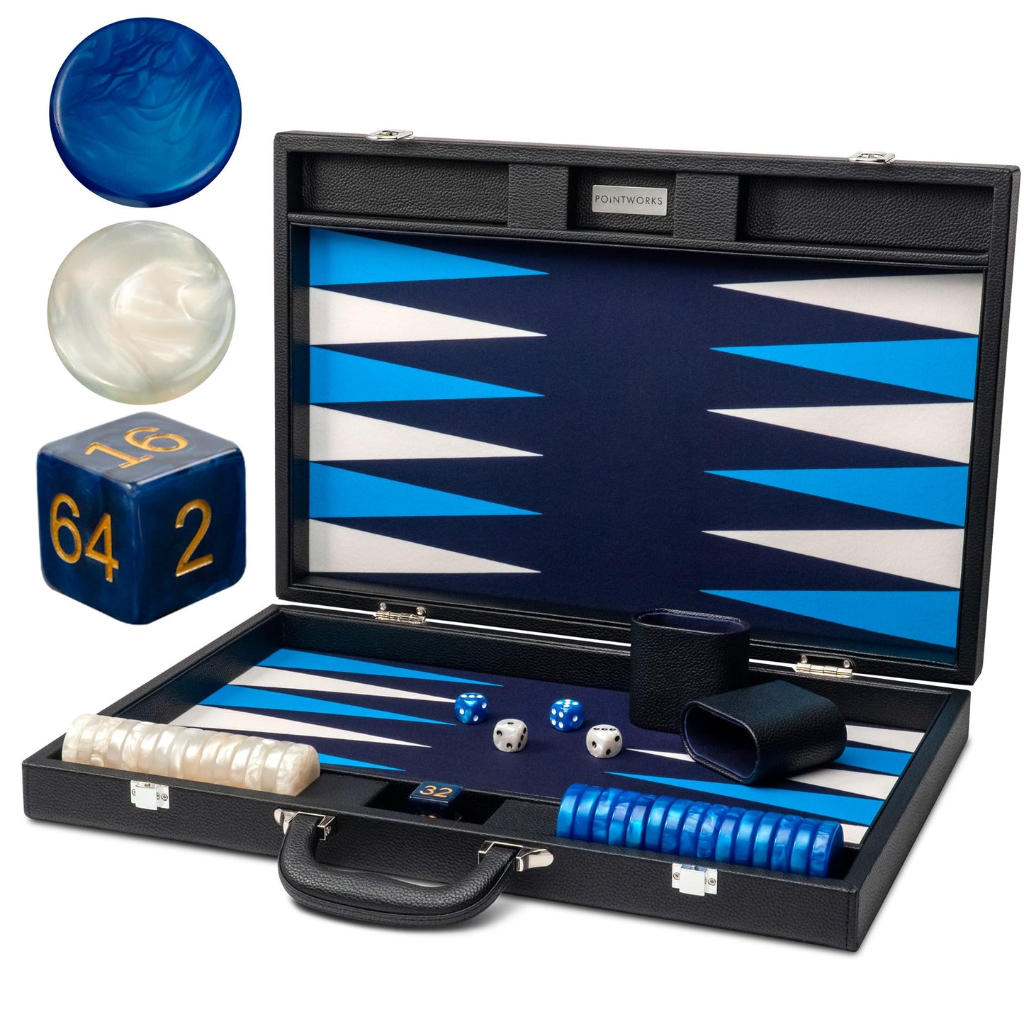 Pointworks 19-Inch Premium Leather Backgammon Set for Adults - Travel Case, 1.6-Inch Acrylic Checkers, Gold Doubling Cube