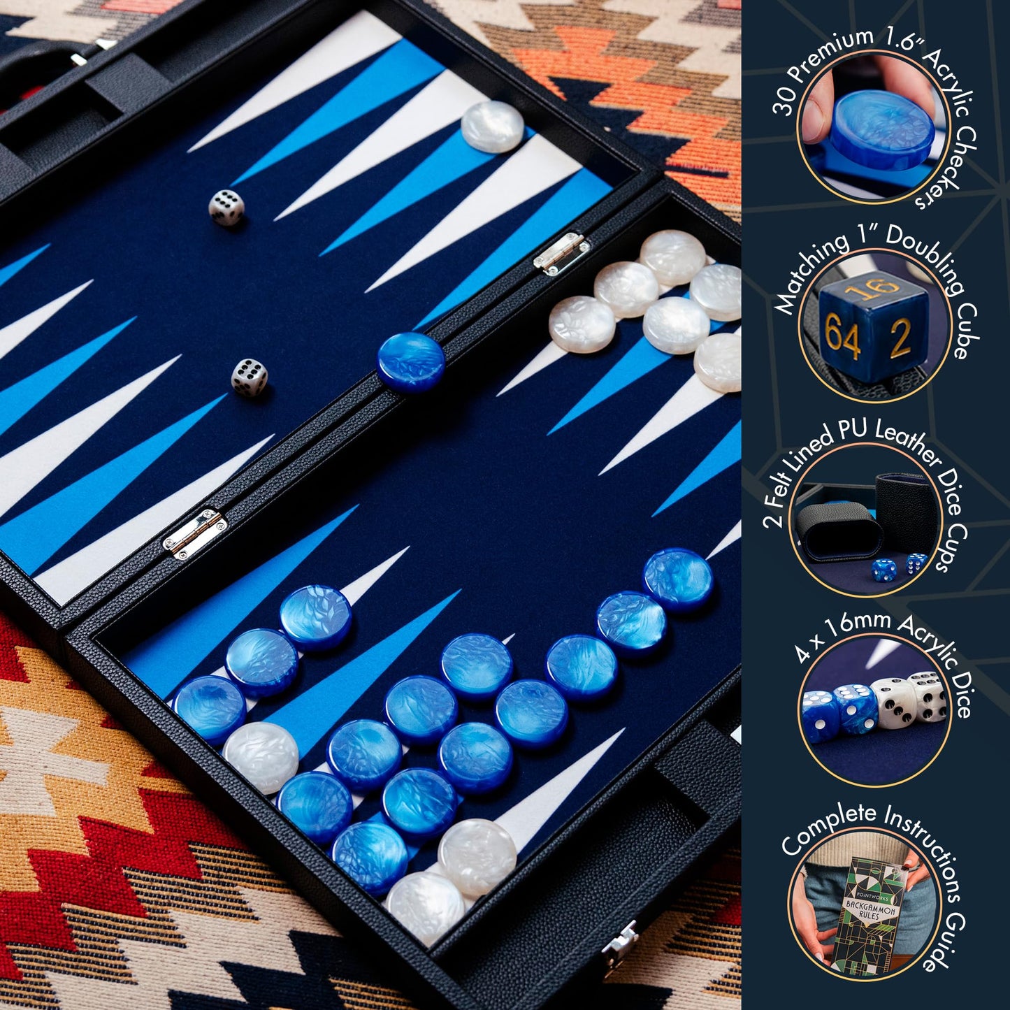 Pointworks 19-Inch Premium Leather Backgammon Set for Adults - Travel Case, 1.6-Inch Acrylic Checkers, Gold Doubling Cube