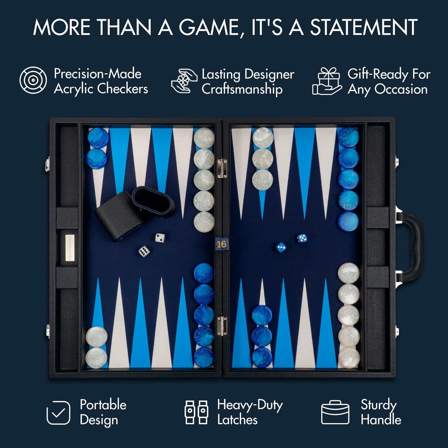 Pointworks 19-Inch Premium Leather Backgammon Set for Adults - Travel Case, 1.6-Inch Acrylic Checkers, Gold Doubling Cube