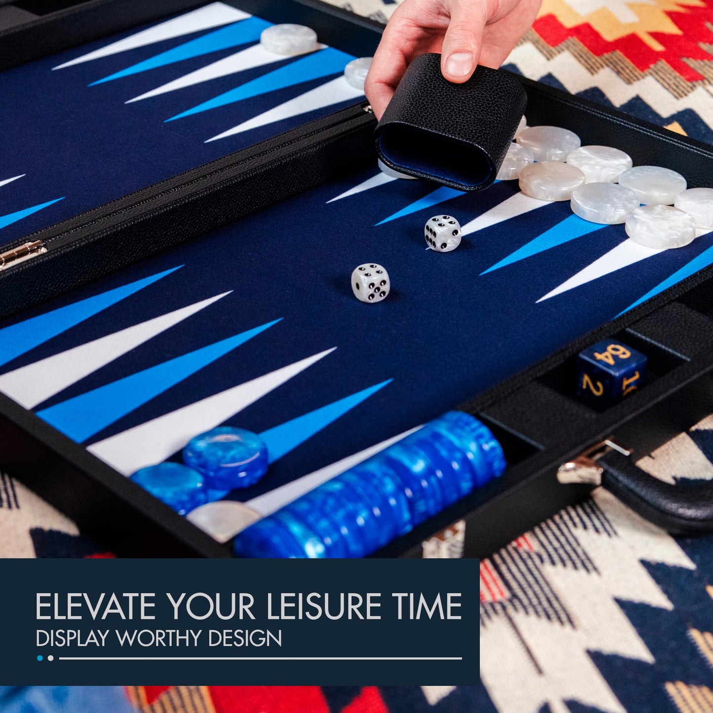 Pointworks 19-Inch Premium Leather Backgammon Set for Adults - Travel Case, 1.6-Inch Acrylic Checkers, Gold Doubling Cube