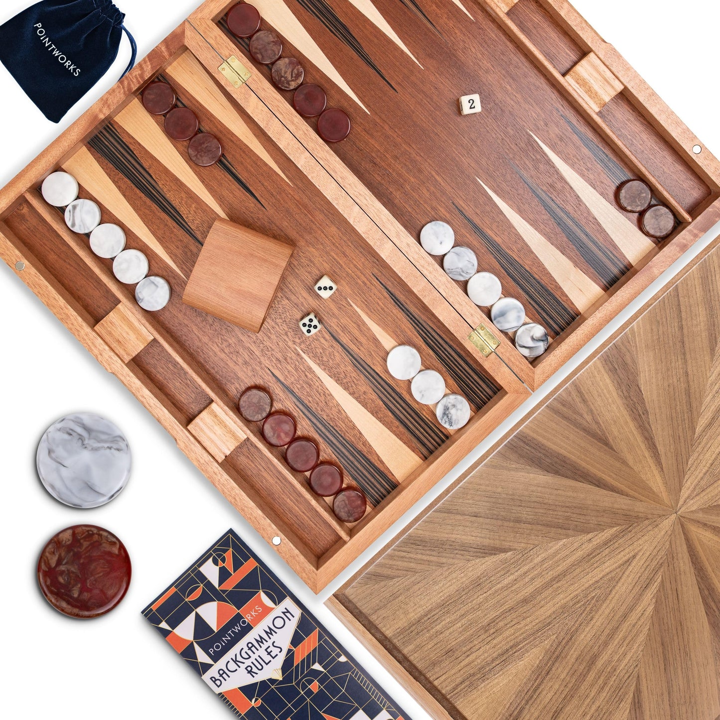 Pointworks 17 Inch Backgammon Set – Handcrafted Sapele Wood Inlay for 2 Players, Travel Ready
