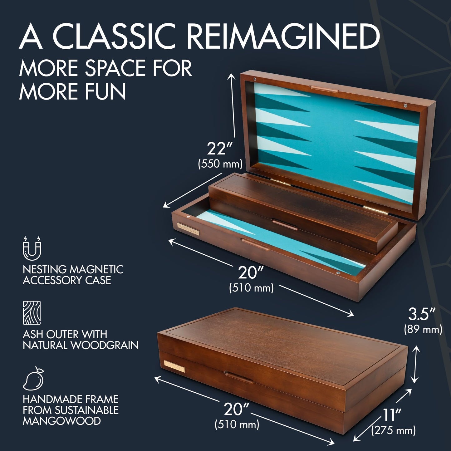 Pointworks 20-Inch Large Backgammon Set for Adults | Green Solid Wood Board with Nesting Tray