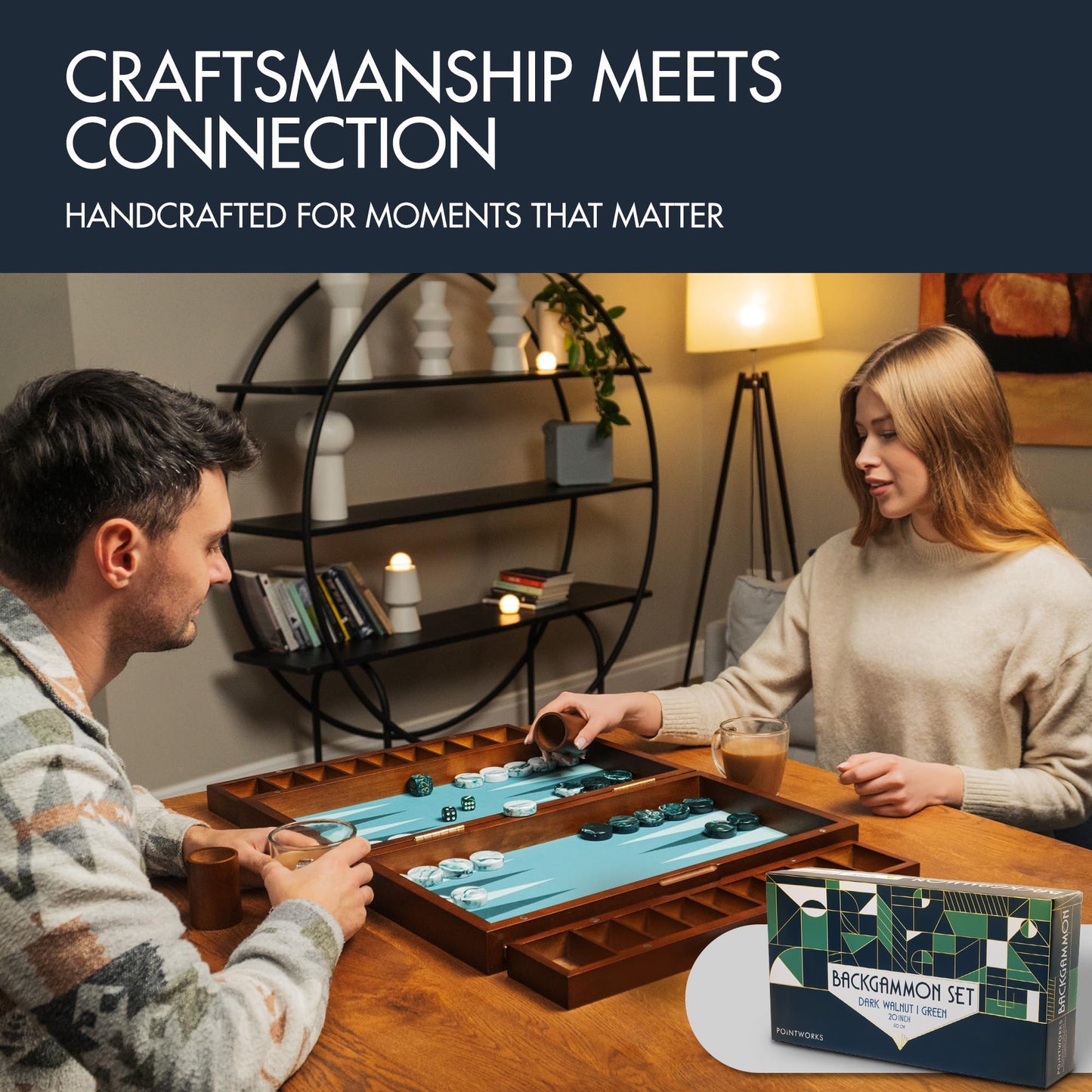 Pointworks 20-Inch Large Backgammon Set for Adults | Green Solid Wood Board with Nesting Tray