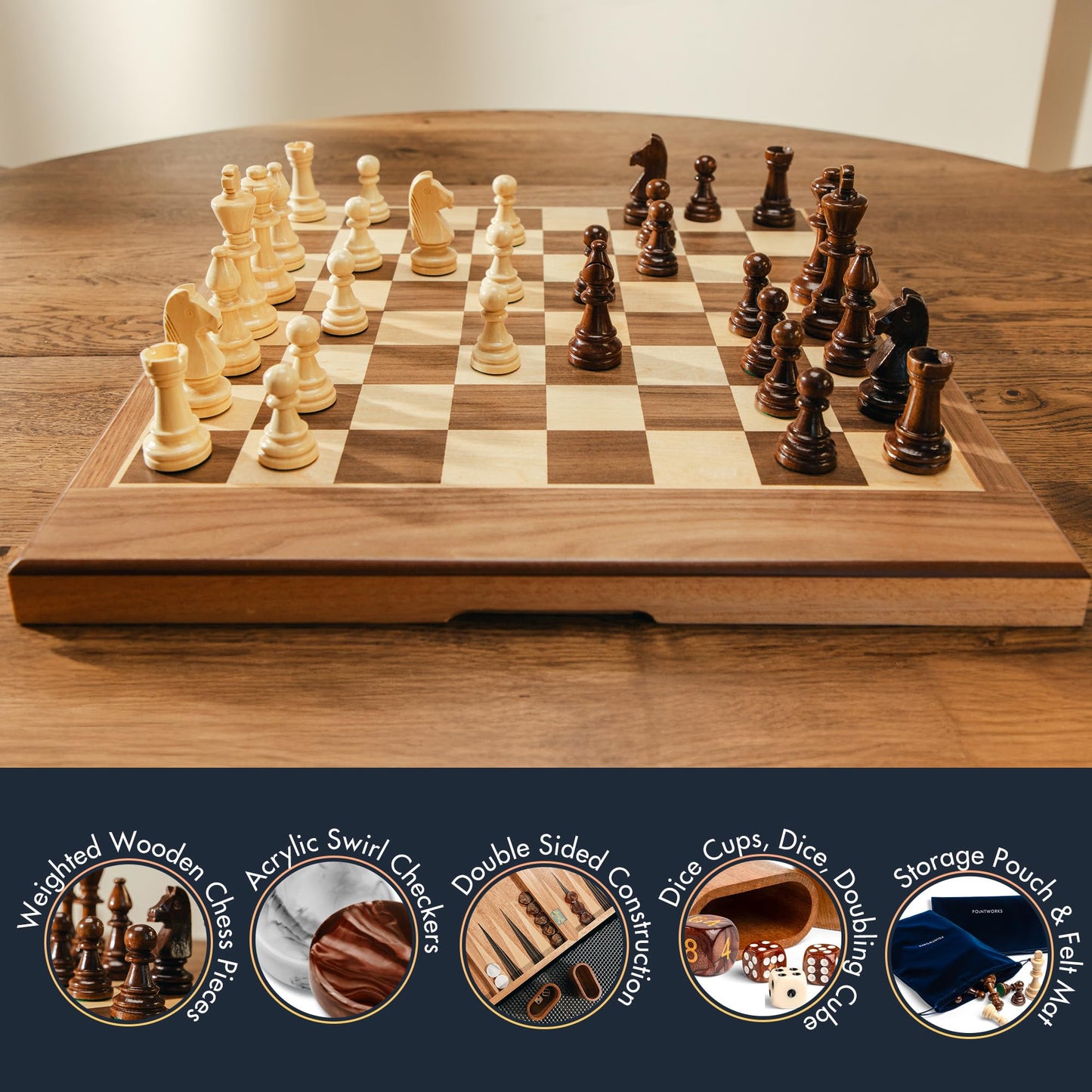 Pointworks 17 Inch Chess Checkers Backgammon Set – Portable Folding Two-Sided Board with Maple Walnut Inlay
