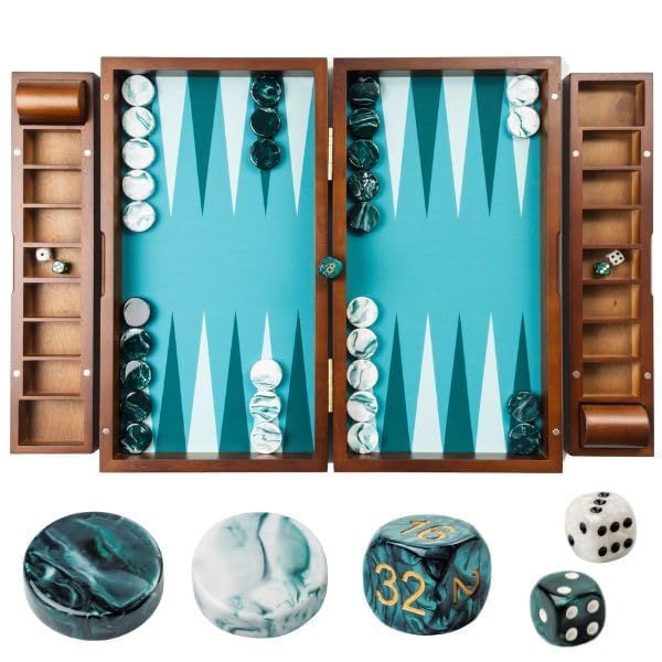 Pointworks 20-Inch Large Backgammon Set for Adults | Green Solid Wood Board with Nesting Tray