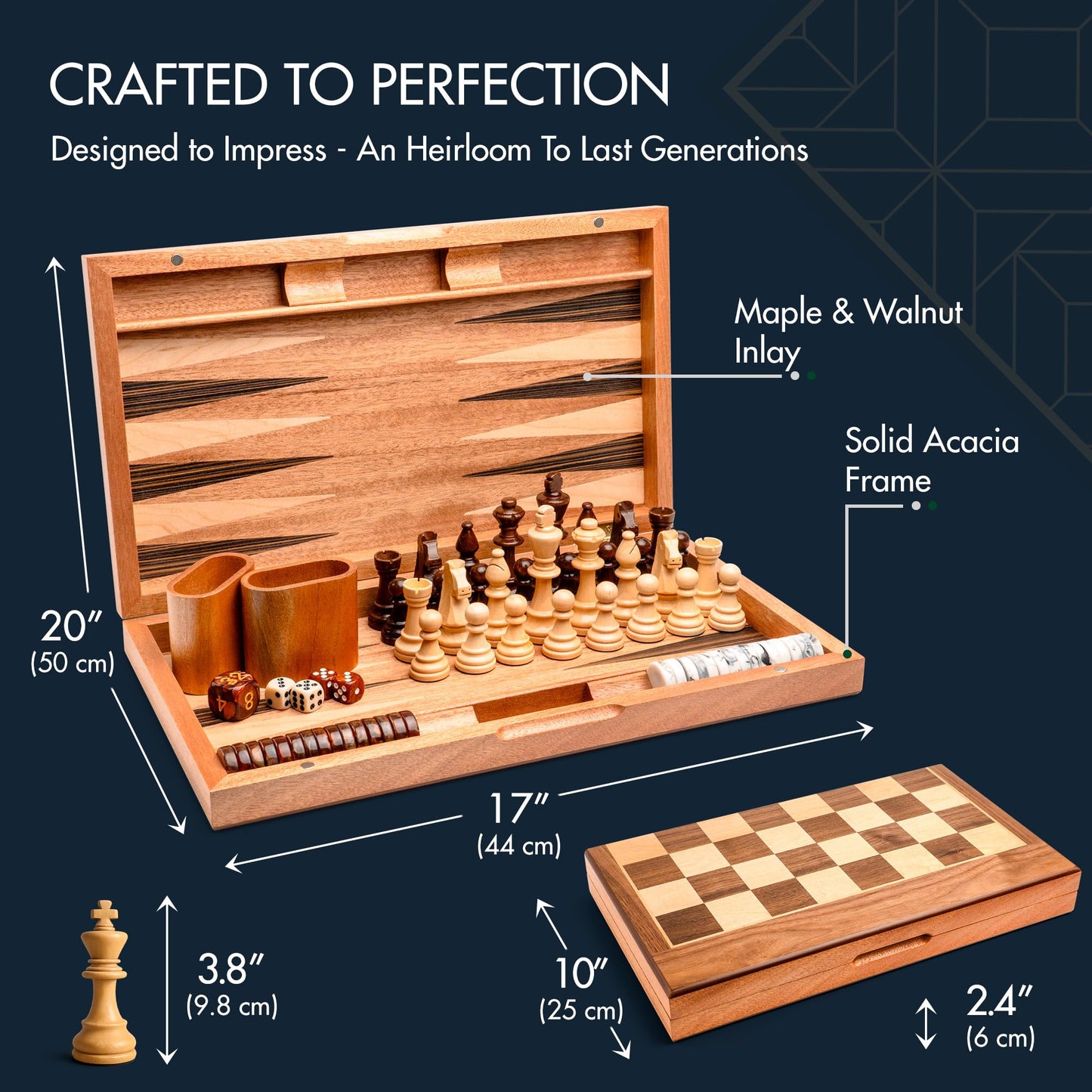 Pointworks 17 Inch Chess Checkers Backgammon Set – Portable Folding Two-Sided Board with Maple Walnut Inlay