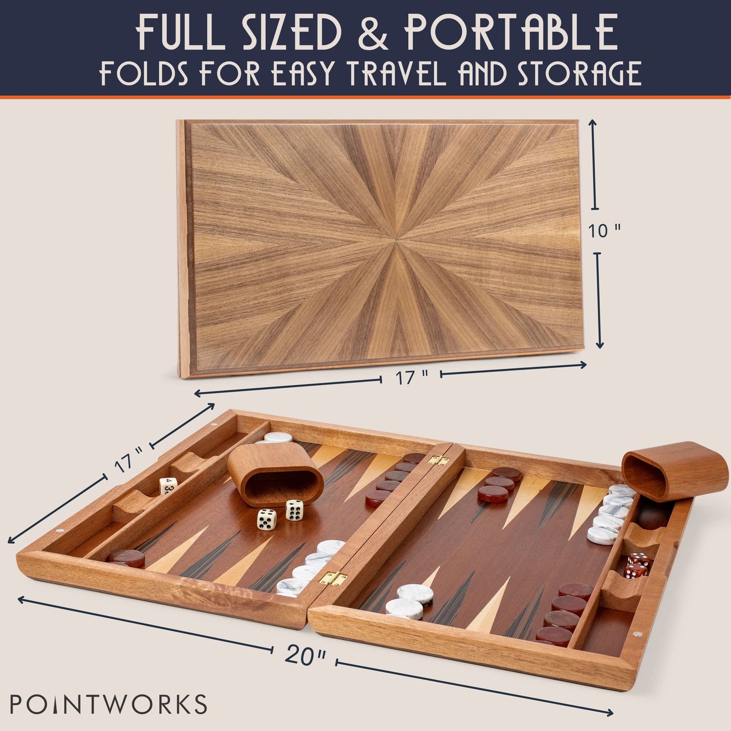 Pointworks 17 Inch Backgammon Set – Handcrafted Sapele Wood Inlay for 2 Players, Travel Ready