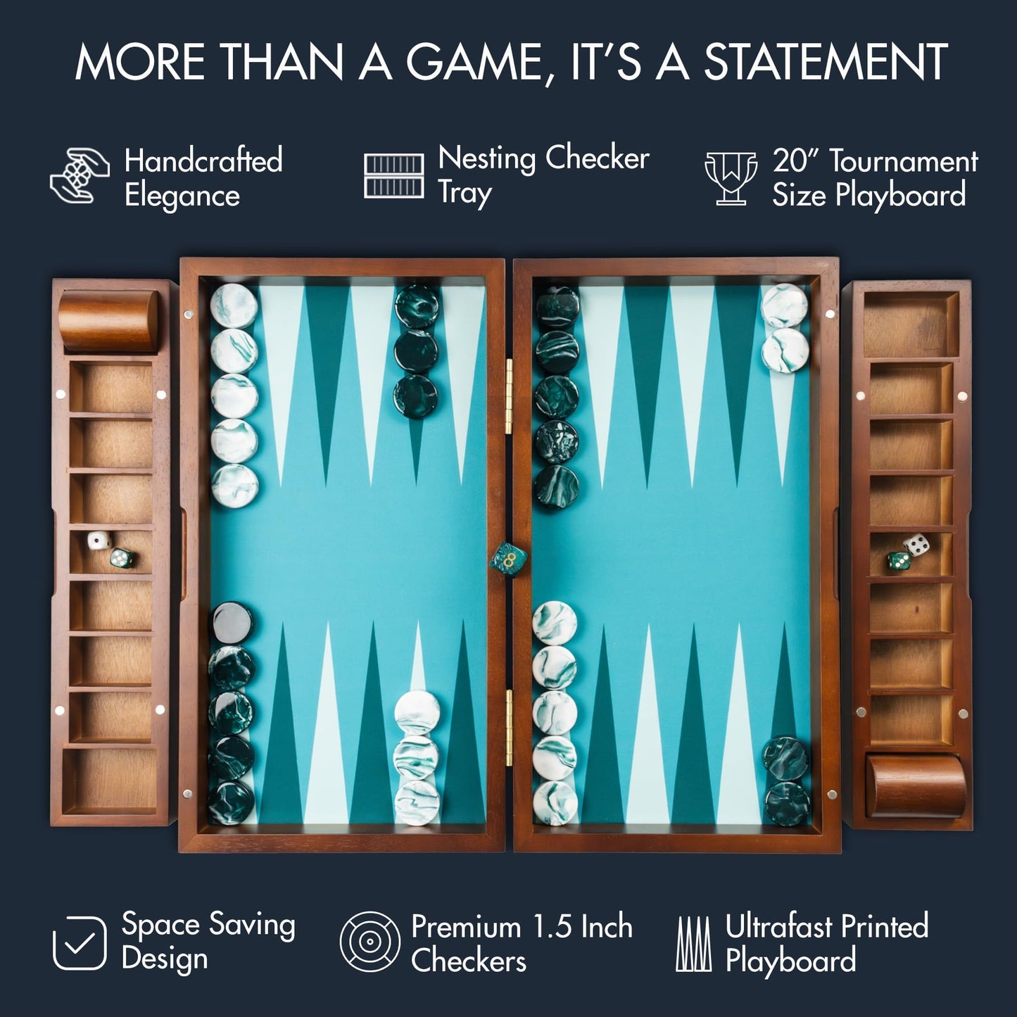 Pointworks 20-Inch Large Backgammon Set for Adults | Green Solid Wood Board with Nesting Tray