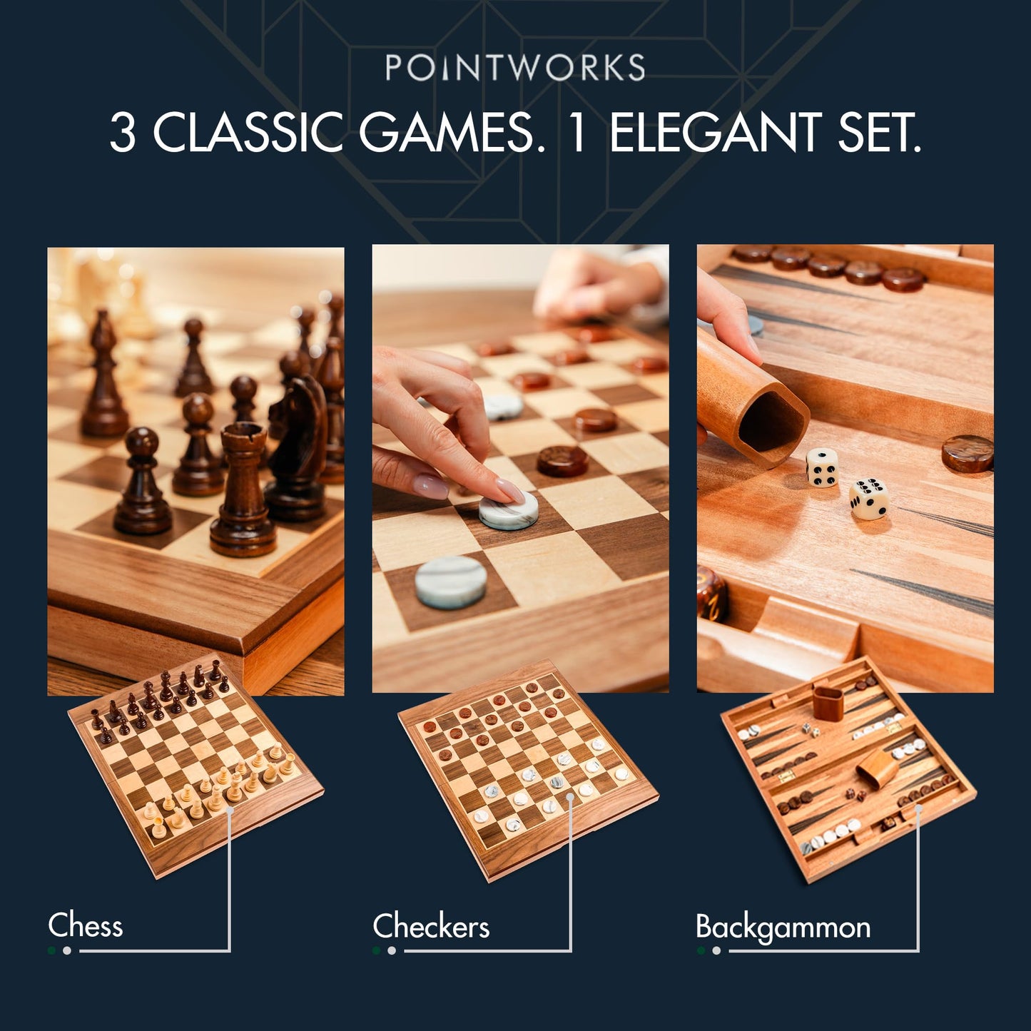 Pointworks 17 Inch Chess Checkers Backgammon Set – Portable Folding Two-Sided Board with Maple Walnut Inlay