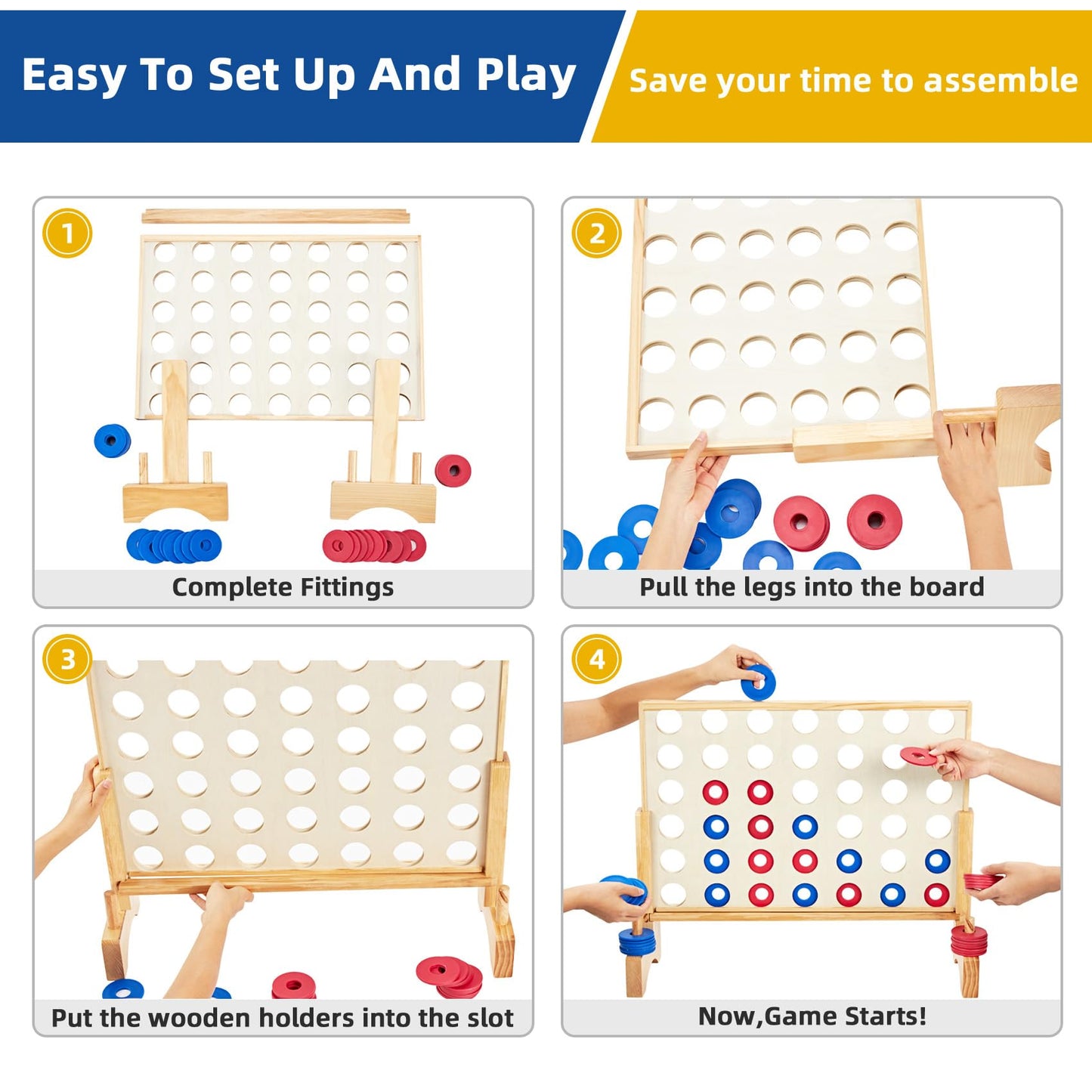 Pointyard Giant Wooden 4-in-A-Row Game – 2.8 Ft Indoor/Outdoor Jumbo Board