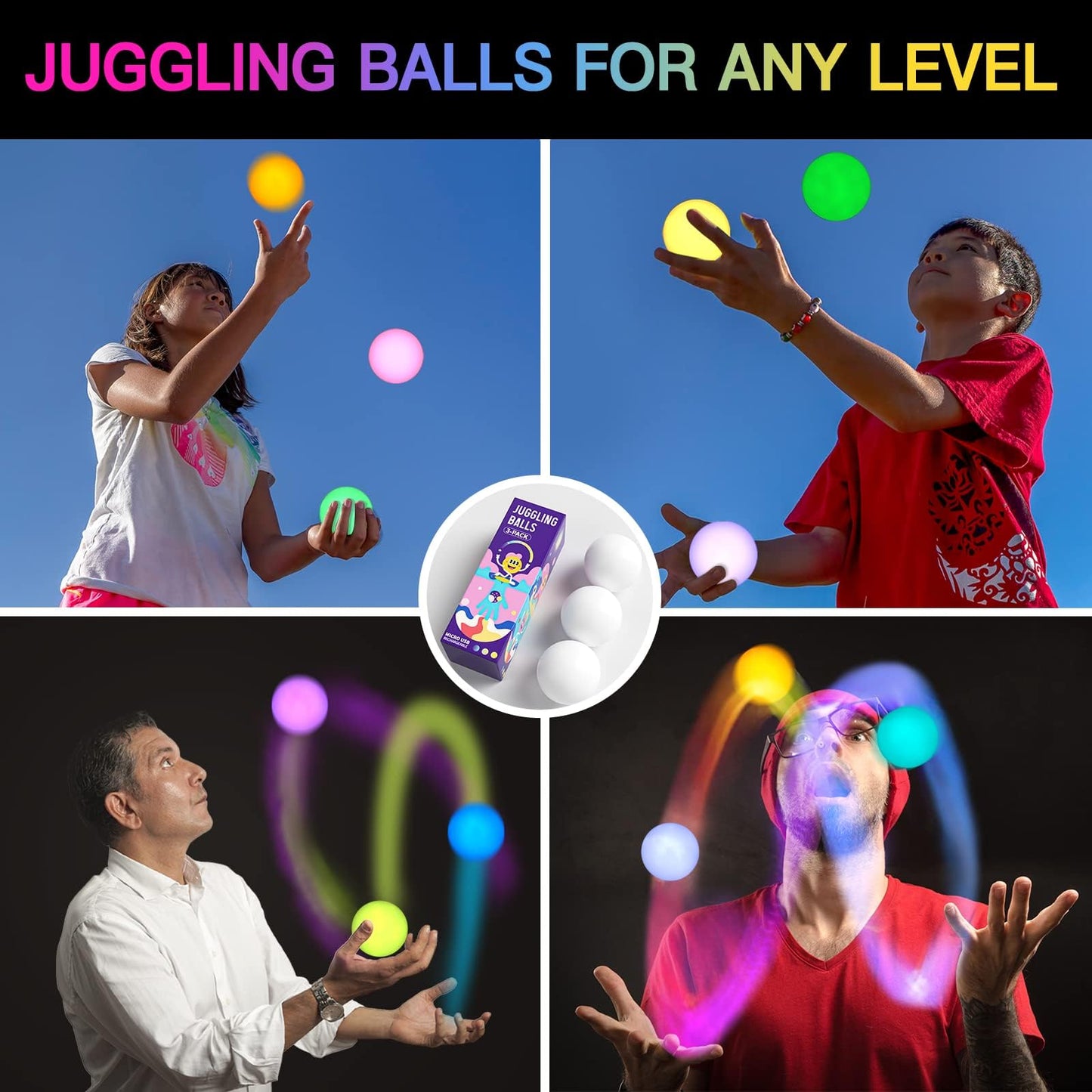 POITOI Glow Juggling Balls — 3-Piece LED Light Up Set (USB Rechargeable) for Beginners & Pros