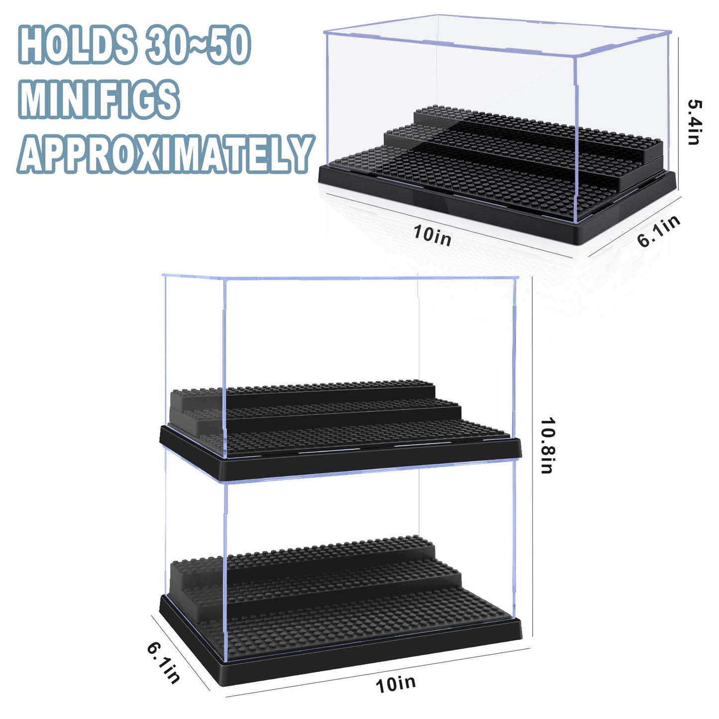 Pokiiulk Minifigure Display Case – 2 Boxes, 3 Removable Stands, Fits LEGO Minifigs (L, Black)
