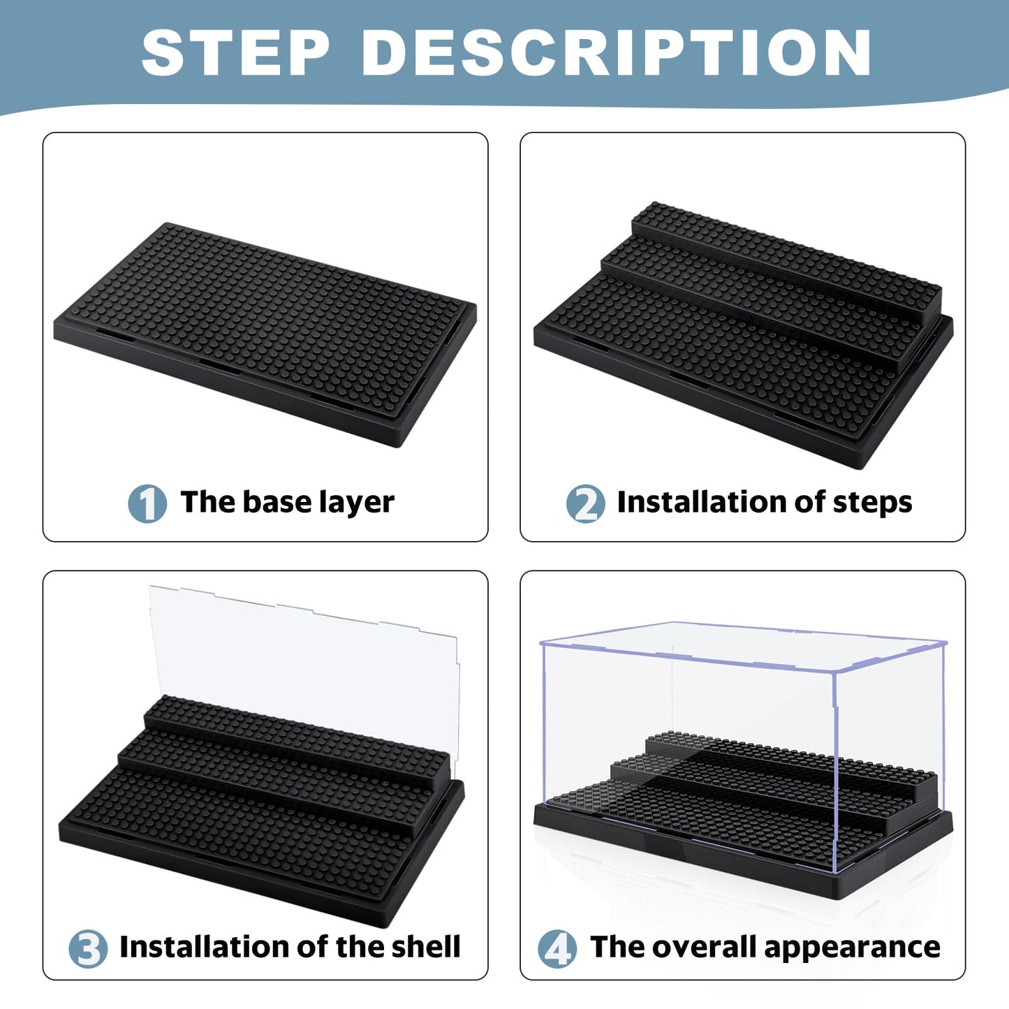Pokiiulk Minifigure Display Case – 4-Box Acrylic Display with 3 Removable Stands (L, Black)