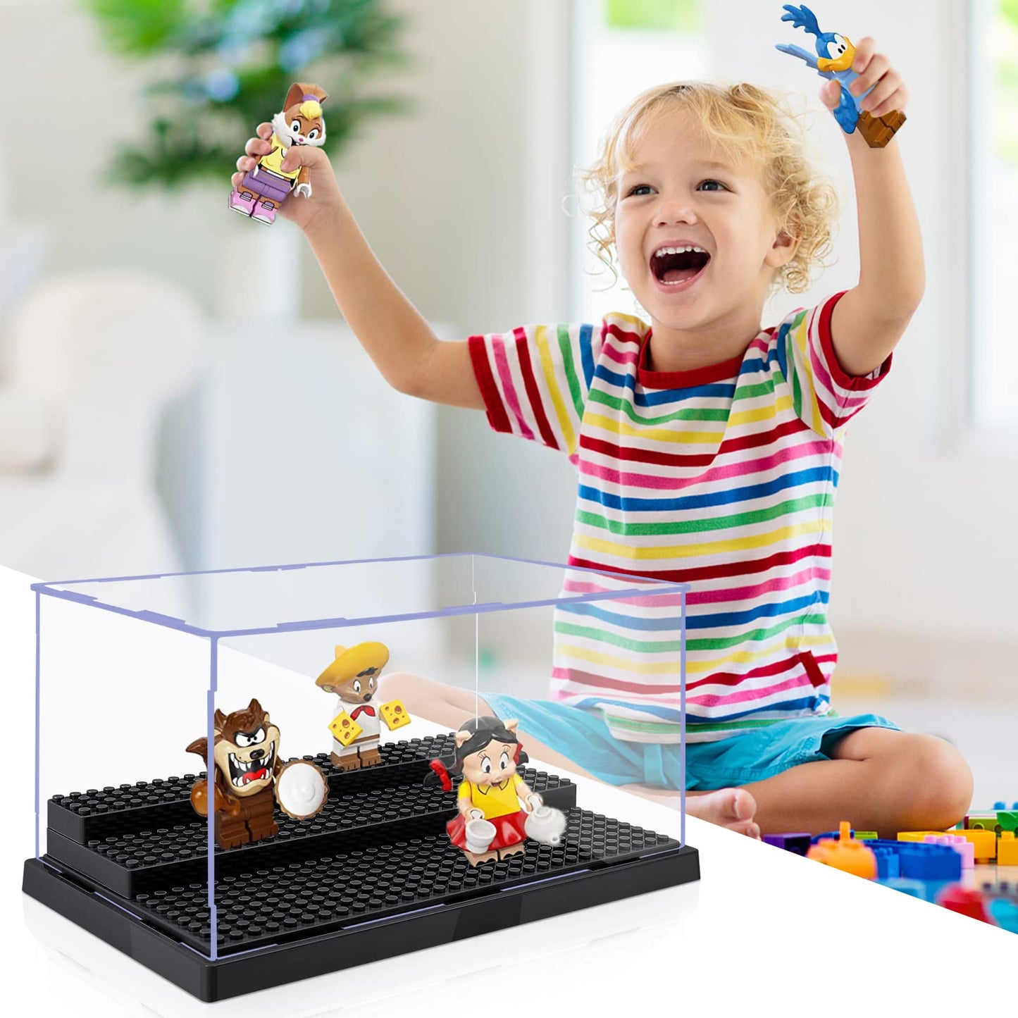 Pokiiulk Minifigure Display Case – 4-Box Acrylic Display with 3 Removable Stands (L, Black)