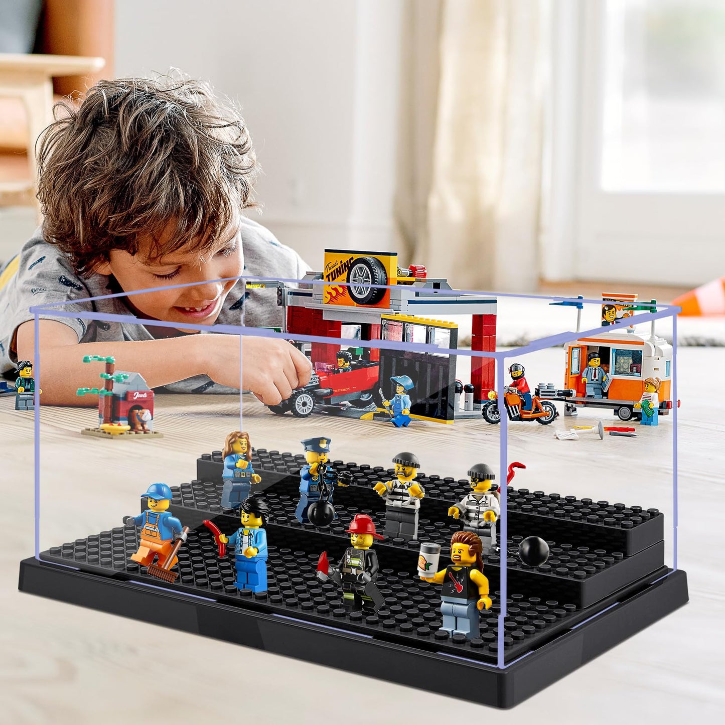 Pokiiulk Minifigure Display Case – 2 Boxes, 3 Removable Stands, Fits LEGO Minifigs (L, Black)