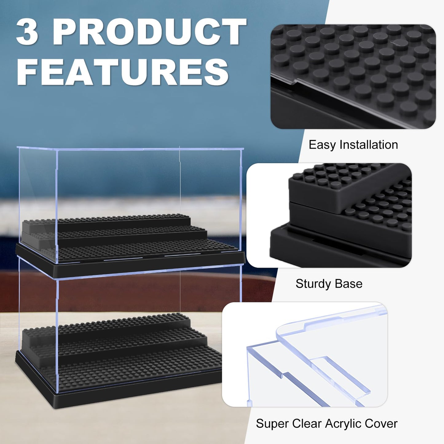 Pokiiulk Minifigure Display Case – 4-Box Acrylic Display with 3 Removable Stands (L, Black)