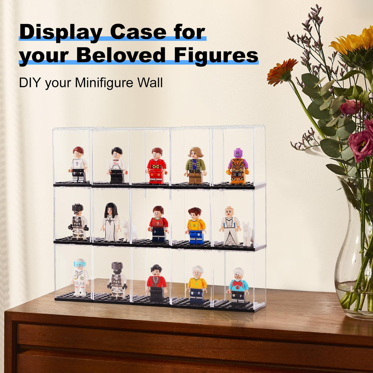 Pokiiulk 15 Mini Figure Display Cases – Dust-Proof, Clear Acrylic Boxes for Lego Minifigures (Black)