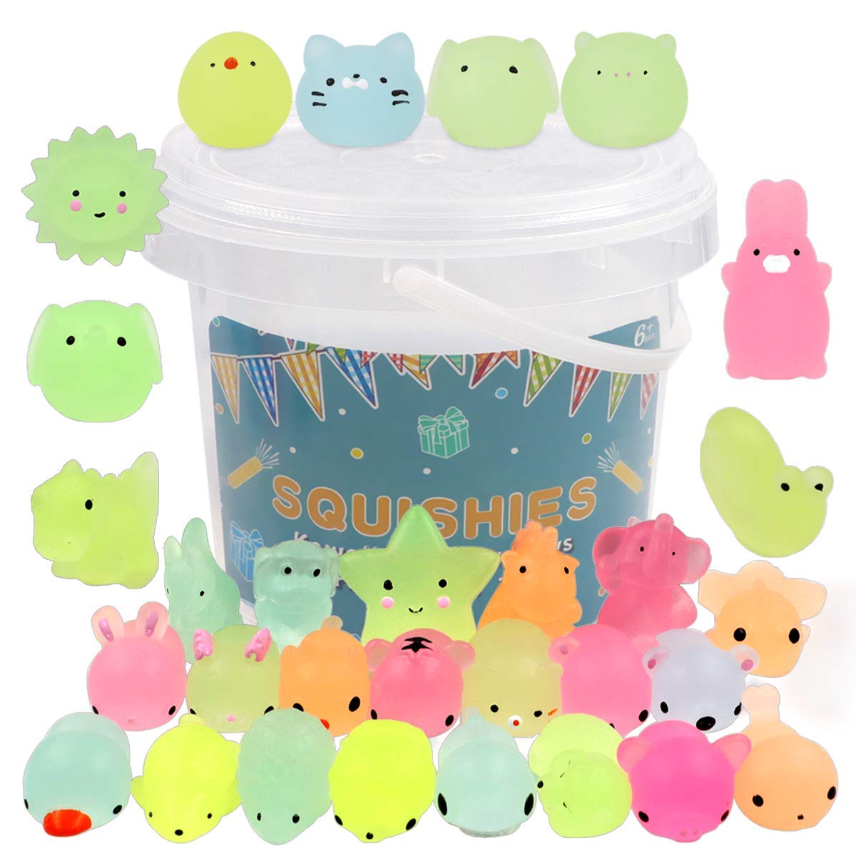 POKONBOY 23 Pack Glow-in-the-Dark Mochi Squishies – Mini Kawaii Animals with Storage Box