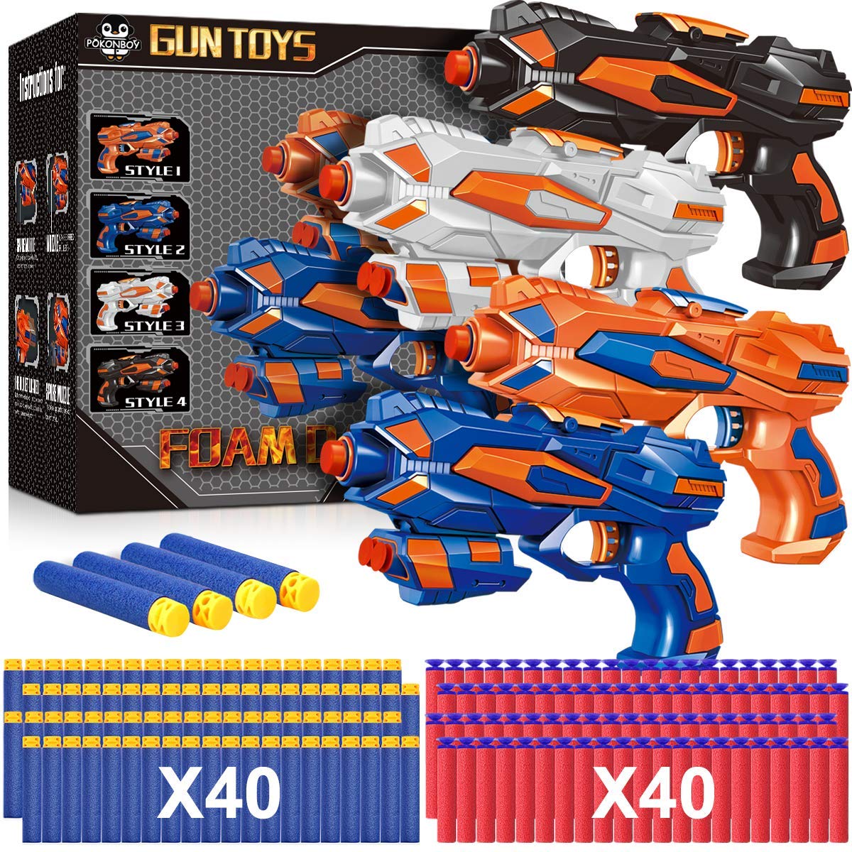 POKONBOY 4 Pack Blaster Guns with 80 Foam Darts – Nerf-Style Toys for Kids 6+