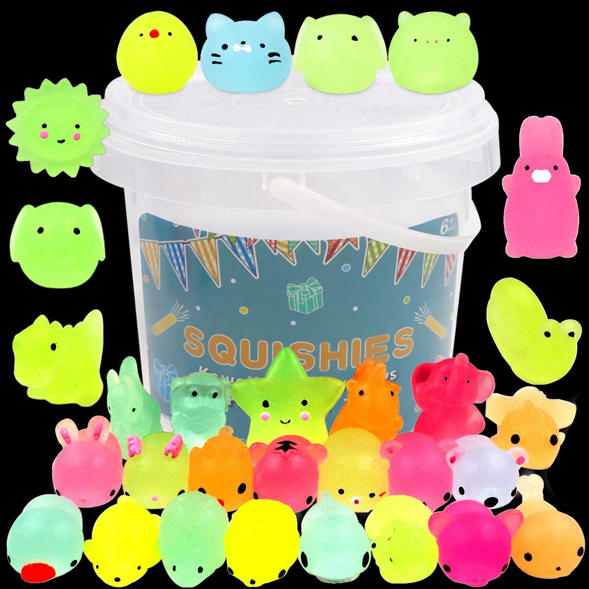 POKONBOY 23 Pack Glow-in-the-Dark Mochi Squishies – Mini Kawaii Animals with Storage Box