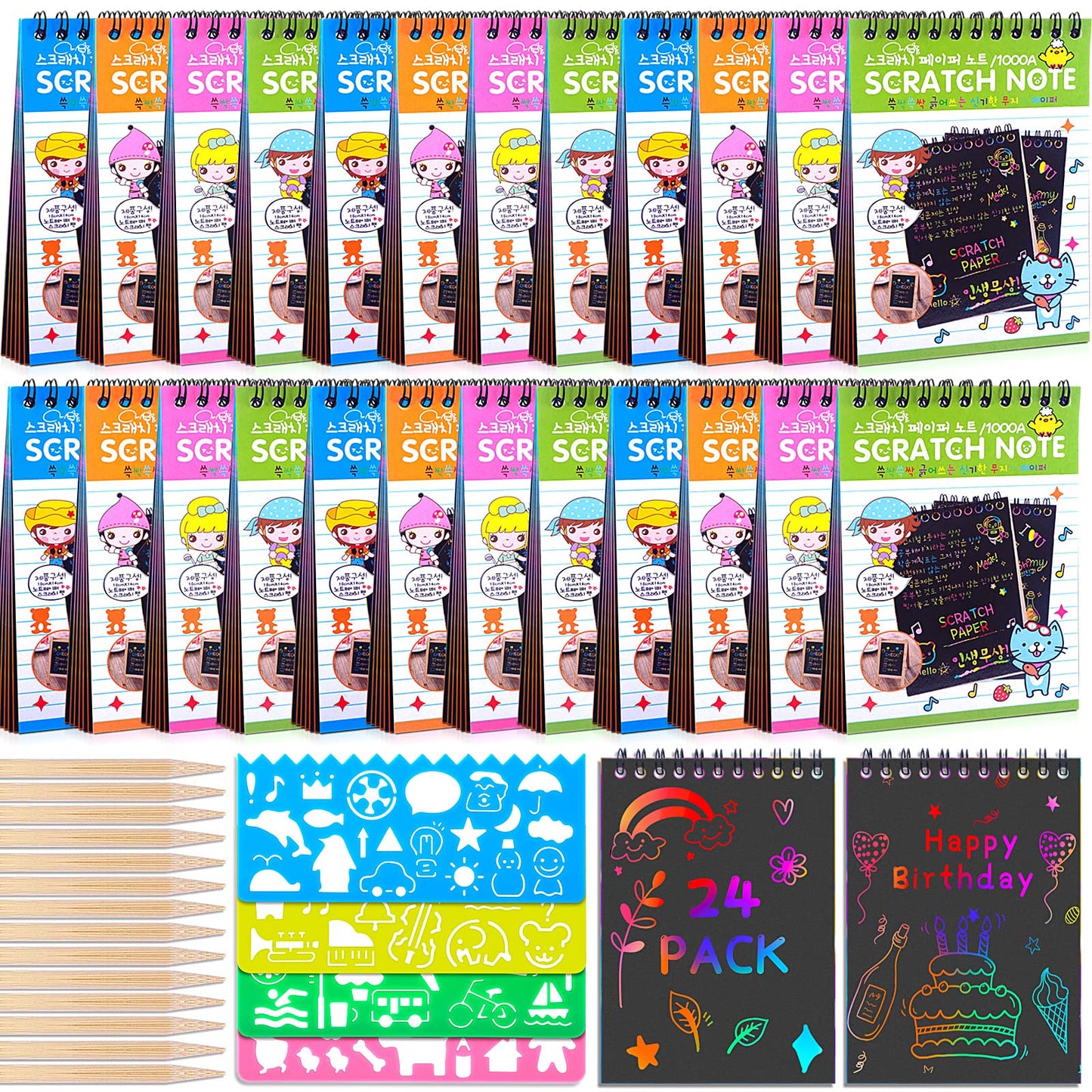 POKONBOY 24 Pack Rainbow Scratch Paper Notebooks – Scratch Art Notes for Kids, Party Favors
