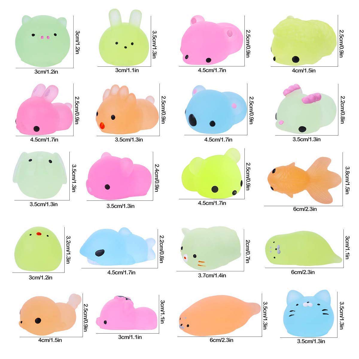 POKONBOY 23 Pack Glow-in-the-Dark Mochi Squishies – Mini Kawaii Animals with Storage Box