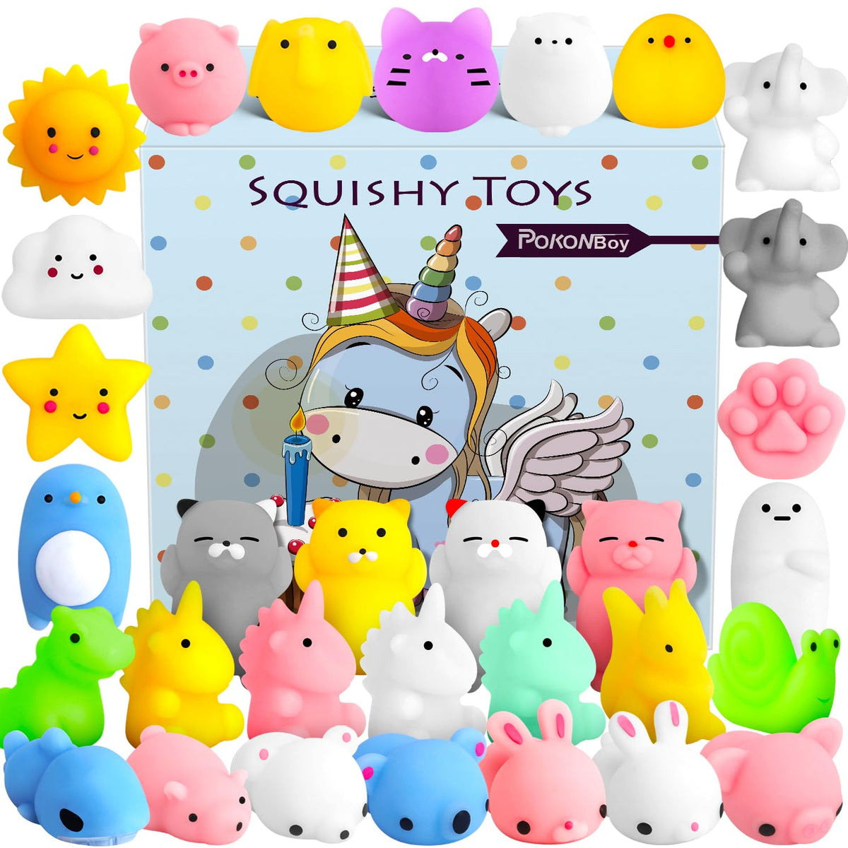 POKONBOY 30 PCS Squishies Mochi Toys – Mini Kawaii Squeeze Stress Relief Animals & Gift Favors