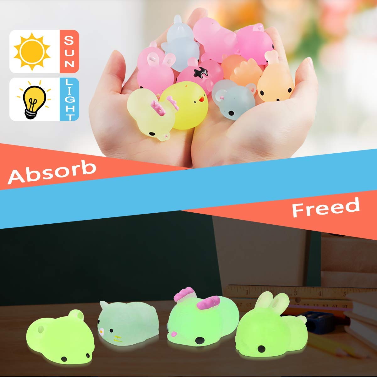 POKONBOY 23 Pack Glow-in-the-Dark Mochi Squishies – Mini Kawaii Animals with Storage Box