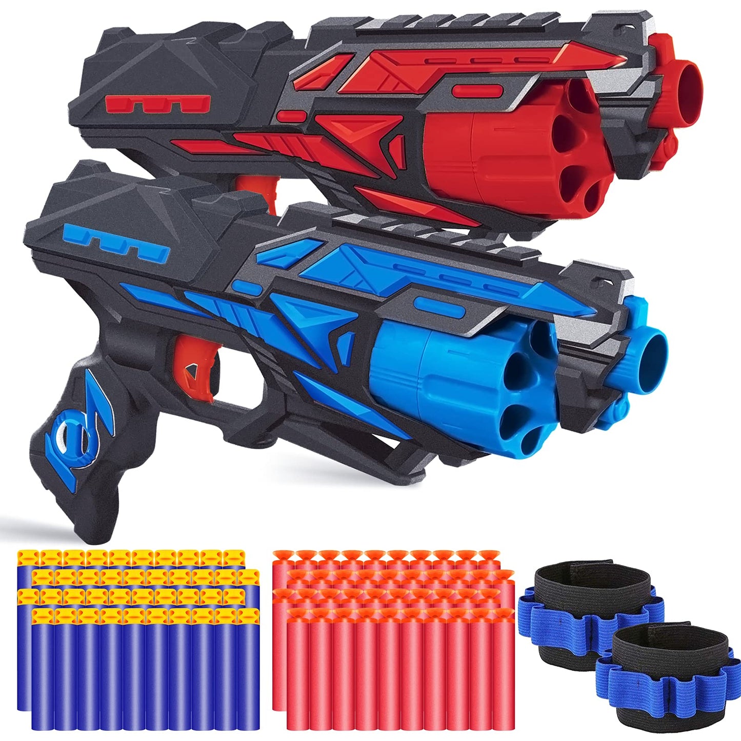 POKONBOY 2 Pack Blaster Guns with Rotating Drum, 80 Foam Darts & 2 Wristbands